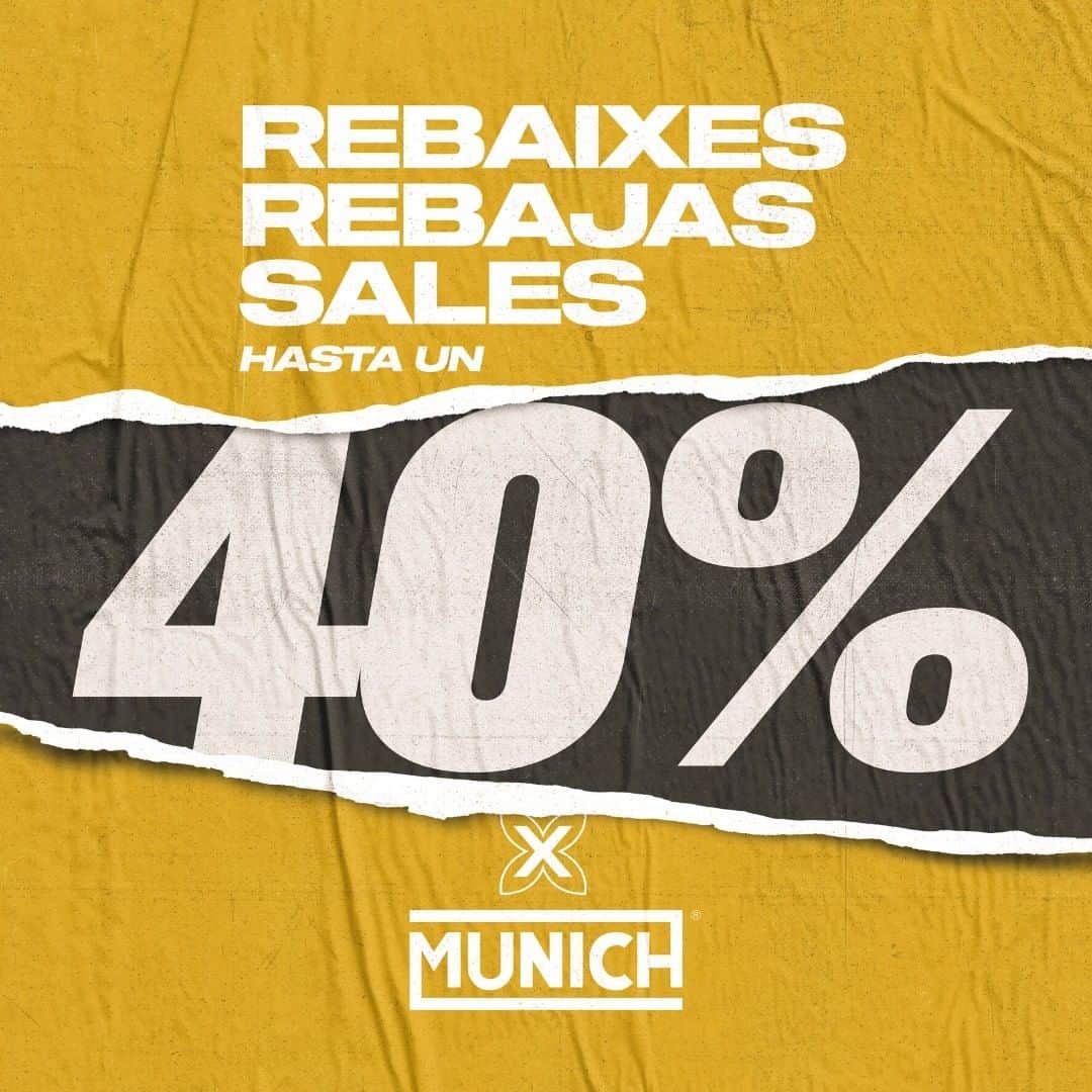 ミュニックのインスタグラム：「💥REBAJAS MUNICH®💥 ¡Hasta un 40% de descuento! 👉 Deporte, moda, accesorios y kids 👟✖️ En nuestra web oficial www.munichsports.com y tiendas MUNICH.  #Rebajas #MunichSports #Deporte #Moda #STB #KIDS #AccesoriosMUNICH」