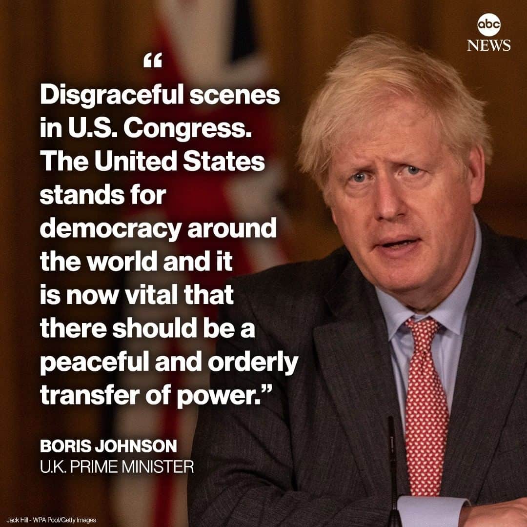 ABC Newsさんのインスタグラム写真 - (ABC NewsInstagram)「U.K. Prime Minister Boris Johnson: “Disgraceful scenes in U.S. Congress. The United States stands for democracy around the world and it is now vital that there should be a peaceful and orderly transfer of power.”」1月7日 20時30分 - abcnews