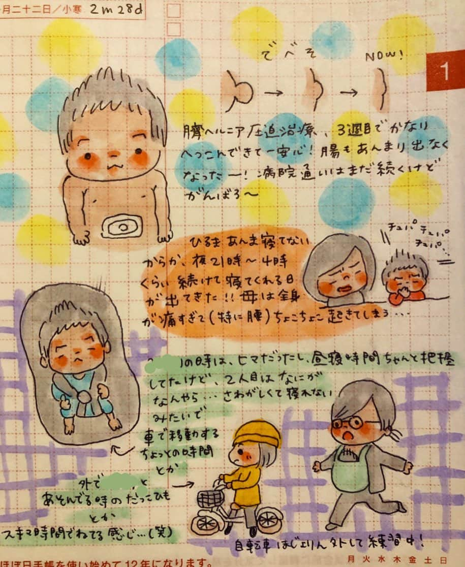 misaのインスタグラム：「#ほぼ日 #ほぼ日手帳  #ほぼ日絵日記 #絵日記 #育児日記 #育児絵日記 #hobonichi  #イラスト #illust #クリーンカラー#babytime_japan #ベビタイム#ママチャンネル#ママポスト#lin_don_fashion#illustgram_mama#マイナビ子育て部#2m28d#生後2ヶ月#4歳#臍ヘルニア#でべそ」