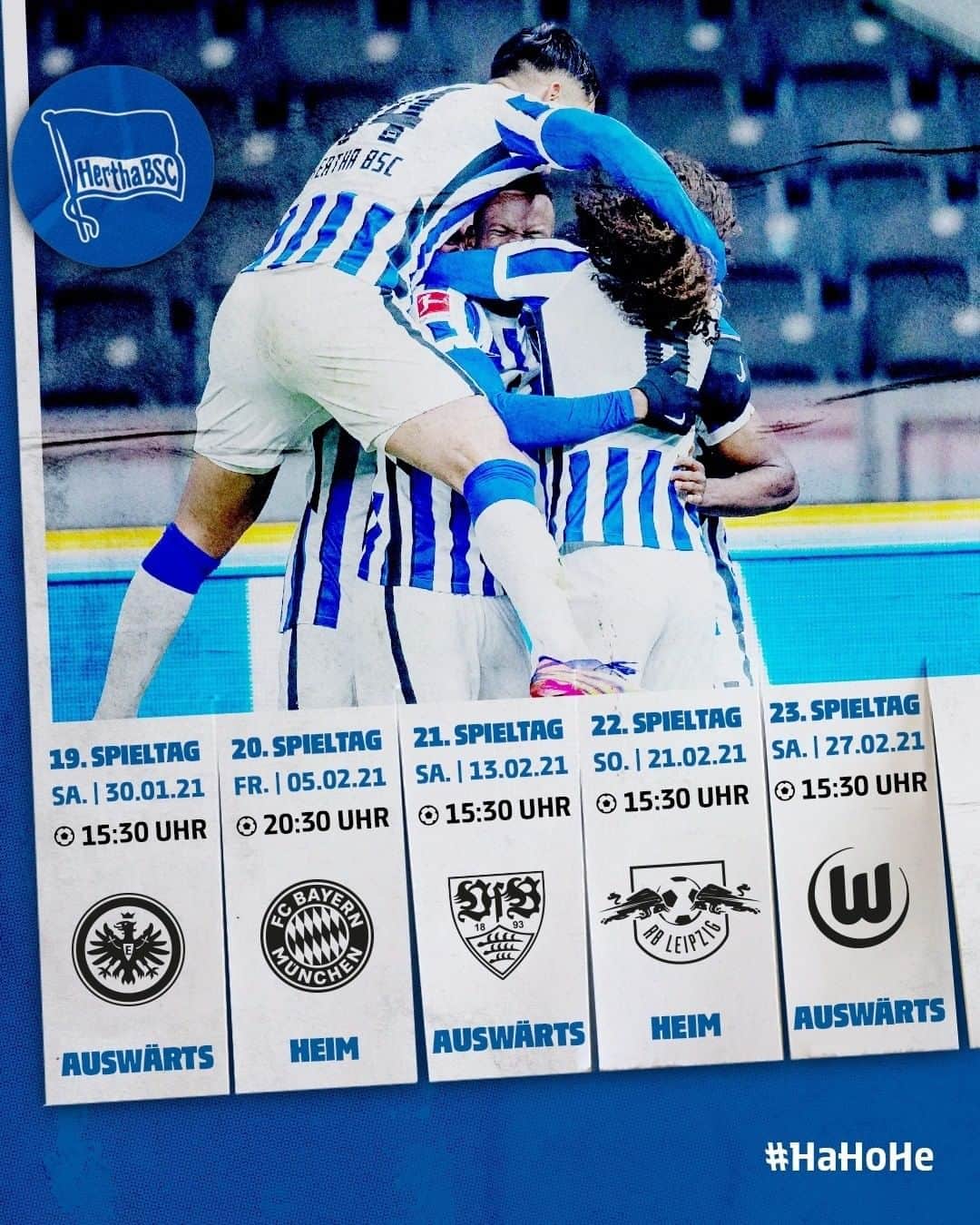 ヘルタ・ベルリンのインスタグラム：「Die Hinrunde der Saison 2020/21 neigt sich so langsam dem Ende zu und die Rückrunde steht vor der Tür! 👋 Wir haben für euch die zeitgenauen Ansetzungen der Spieltage 19 bis 23! ⏰📆 @bundesliga  . . #HaHoHe #herthabsc」