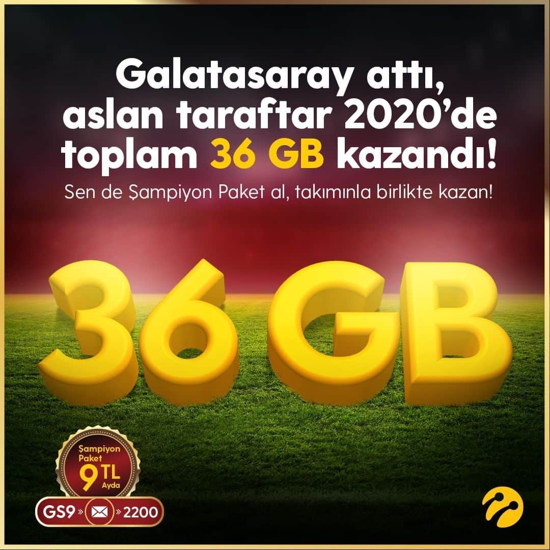ガラタサライSKさんのインスタグラム写真 - (ガラタサライSKInstagram)「Aslanlar attı #Turkcell Şampiyon Paketliler 2020’de tam 36 GB internet kazandı! Sen de Galatasarayımızın her galibiyetinde günlük 1GB ve her golünde haftalık 200MB kazanmak için hemen GS9 yaz 2200’a gönder, ayda 9 TL’ye takımın kazanırken sen de kazan!」1月7日 21時43分 - galatasaray