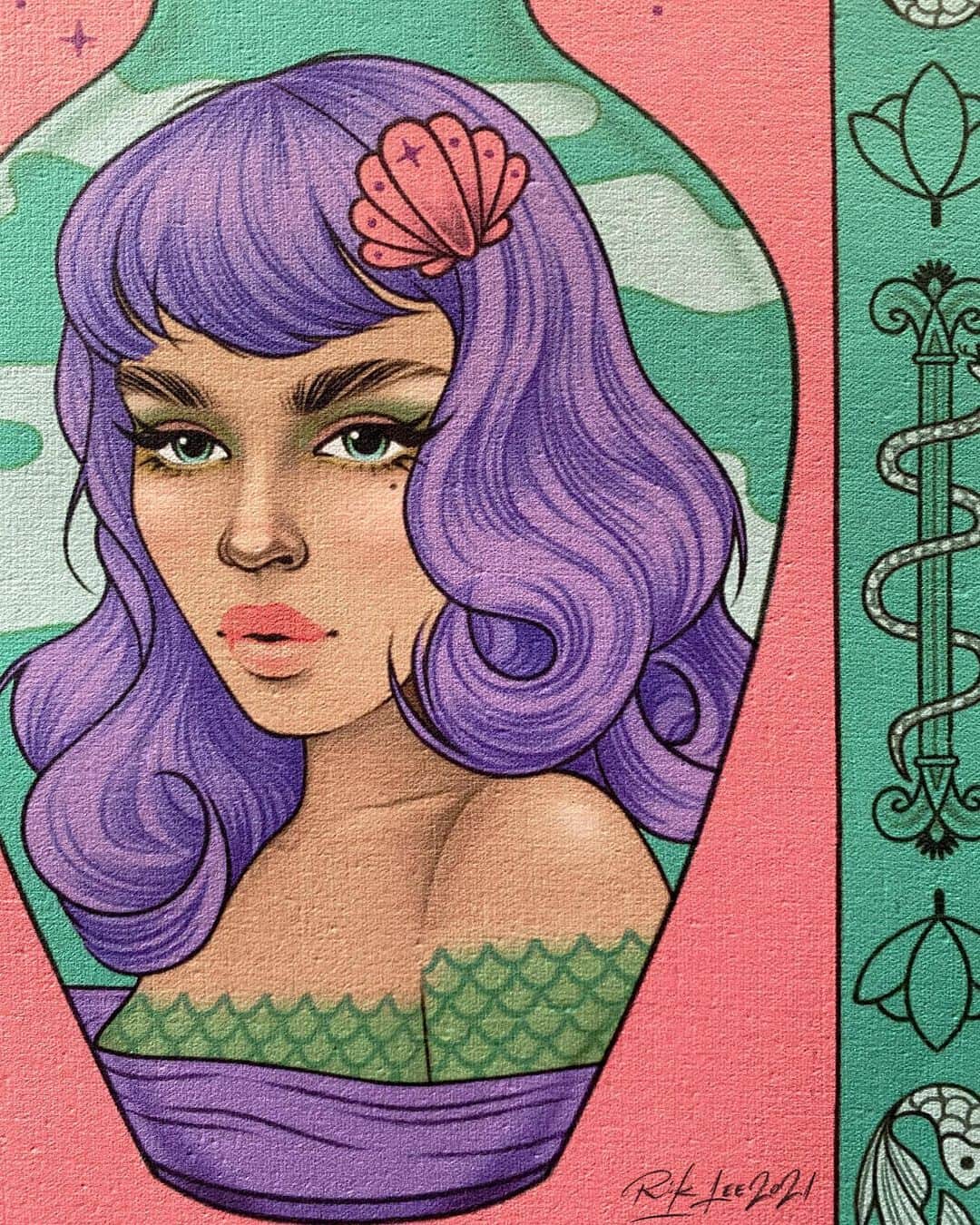 Rik Leeさんのインスタグラム写真 - (Rik LeeInstagram)「PISCES ♓️  . I felt a little out of my comfort zone working with the greens and violets that typify the Pisces colour palette. In the end though, I’m really happy with how this piece came together.  . I have just 3 last zodiac signs to illustrate. Which one will be next? . #riklee #illustration #pisces #art #design #graphicdesign #poster #zodiac #mermaid #vase #tattoo」1月8日 9時23分 - rikleeillustration