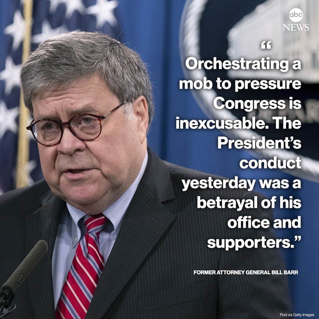 ABC Newsさんのインスタグラム写真 - (ABC NewsInstagram)「Former Attorney General Bill Barr, once one of Pres. Trump's most loyal allies, is speaking out against his former boss in wake of the storming of the U.S. Capitol, saying his conduct "was a betrayal of his office and supporters." MORE AT LINK IN BIO.」1月8日 2時09分 - abcnews