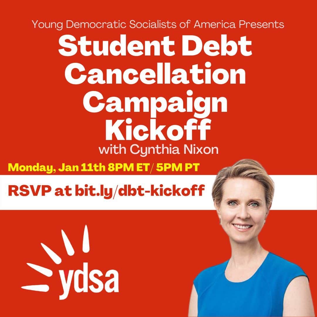 シンシア・ニクソンのインスタグラム：「Americans have over $1,600,000,000,000 of student debt. (That’s $1.6 trillion!)  Our President-elect @JoeBiden needs to cancel ALL student debt and give working class Americans a chance to live dignified lives.  Join me and @YDSA_ this Monday to find out how you can help. Link in bio」