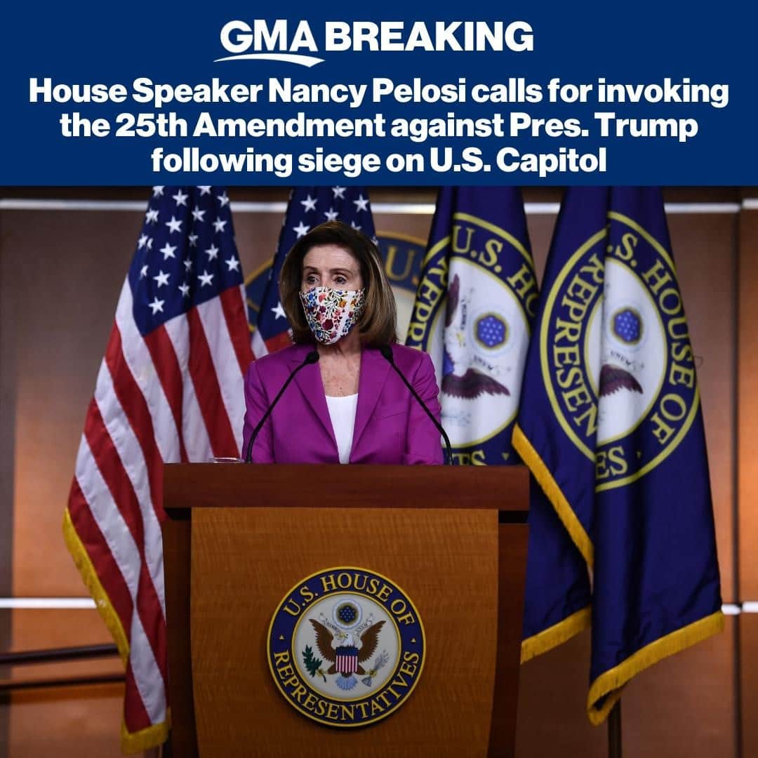 Good Morning Americaさんのインスタグラム写真 - (Good Morning AmericaInstagram)「JUST IN: House Speaker Nancy Pelosi calls for invoking the 25th Amendment against Pres. Trump following siege on U.S. Capitol: “If the vice president and the cabinet do not act, the Congress may be prepared to move forward with impeachment.” LINK IN BIO. #news #dc #capitol」1月8日 4時26分 - goodmorningamerica