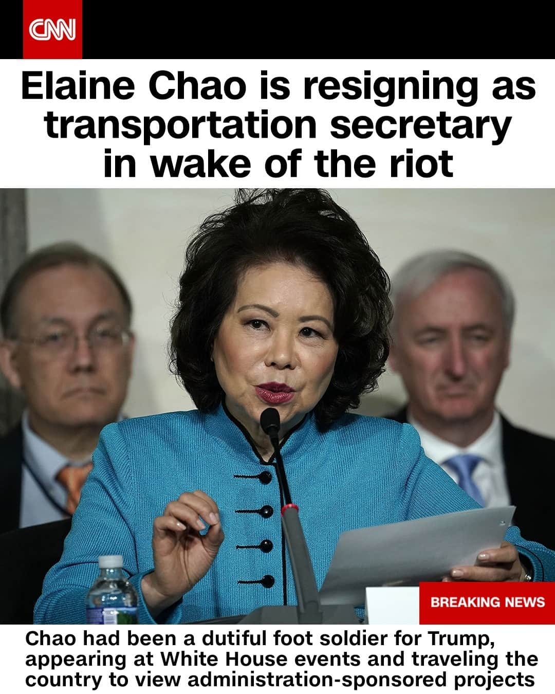 CNNさんのインスタグラム写真 - (CNNInstagram)「Transportation Secretary Elaine Chao is resigning, a White House official and a person familiar with the situation tell CNN. She's the first Cabinet member to leave in wake of President Trump's response to a mob of his supporters breaching the US Capitol. Chao said she was “deeply troubled” by Wednesday’s incident and said she’ll help the Transportation Secretary designate, Pete Buttigieg, in taking on the department.⁠ (📸: Alex Wong/Getty Images)」1月8日 4時46分 - cnn