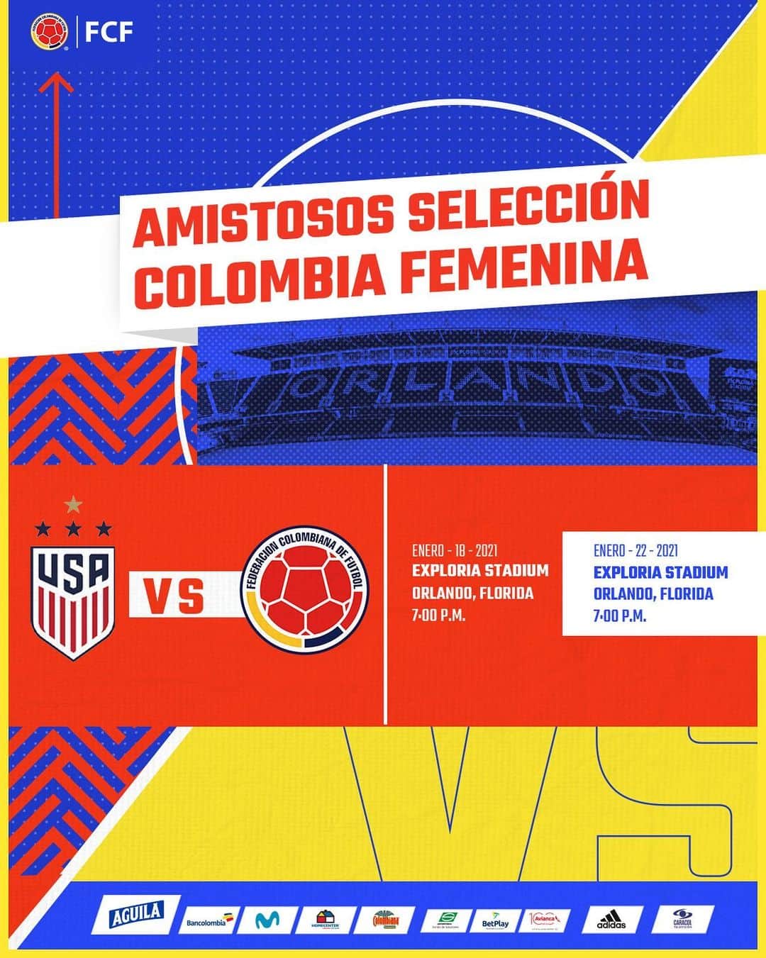 サッカー コロンビア代表チームのインスタグラム：「¡Se vienen nuestras guerreras! 💛💛💙❤️  Nuestra Selección Colombia Femenina de Mayores jugará 2 amistosos 🆚 @uswnt 🇺🇸  🇨🇴🆚 🇺🇸 🏟️Exploria Stadium, Orlando 📅18 y 22 de enero de 2021 ⏱ 7:00 p.m.  #VamosColombia」