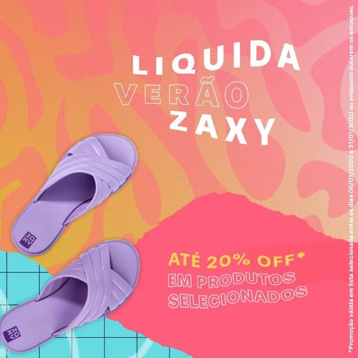 ザクシーのインスタグラム：「Você não leu errado! Tem promoção* rolando na nossa loja virtual! Que tal garantir um modelinho novo pra chamar de seu? #LiquidaVerãoZaxy  *Promoção válida em lista selecionada entre os dias 06/01/2021 e 31/01/2021 ou enquanto durarem os estoques.   #pracegover #pratodosverem: No gif, temos o fundo em tons de rosa e laranja. No centro, temos o seguinte texto: Liquida Verão Zaxy - até 20% OFF em produtos selecionados. Em seguida, aparece a Zaxy Easy, um modelo de slide que possui tiras em X na cor lilás.」