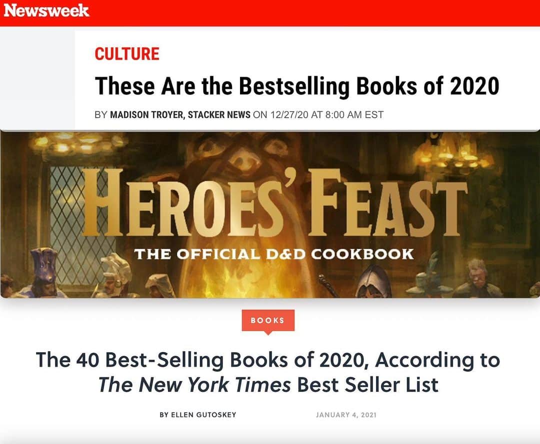 カイル・ニューマンのインスタグラム：「HEROES’ FEAST made all the major 2020 Best-Seller lists. 😳 Top 40 #NYTimes #Newsweek and more. Top 4 in our category! I am awed and honored. Thank you all for supporting the book and me! ❤️🙏 #dungeonsanddragons #rpg #tabletop #cooking #cookingathome #fantasy」