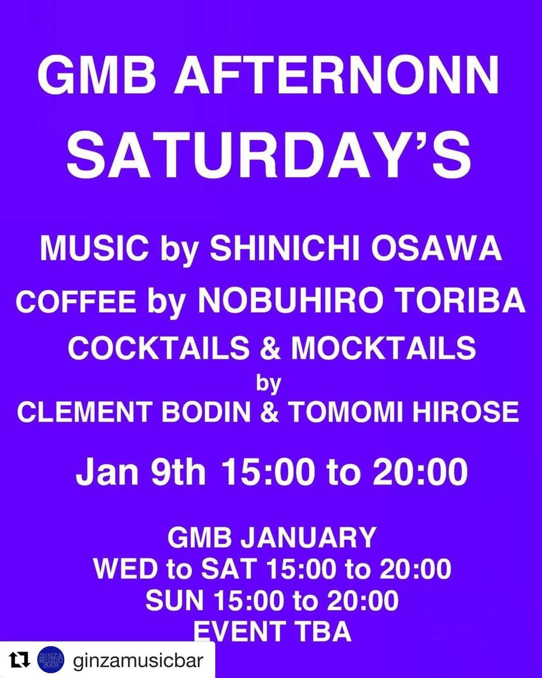 大沢伸一のインスタグラム：「#Repost @ginzamusicbar with @get_repost ・・・ GMB AFTERNOON  最大限に感染に気をつけつつ楽しいことは止めない。  3時から8時まで、そこを楽しい時間にすればいいんですよね？ コーヒー、とびっきりのモクテル（ノンアルコールカクテル）を中心に日中でしか味わえないGINZA MUSIC BARを是非体験しに来てください。  水〜金の平日はもちろん毎週土曜、日曜日は特別な催しを開催します。  まずは明日1/9土曜日、GMBオーナー大沢伸一、鳥羽伸博でそれぞれ音楽とコーヒー担当します。  さらに来週からの日曜は早朝からのイベントも計画しています。  画像のモクテルは… Tsubaki Hot mocktail Soba tea, grenadine maple syrup, grenade juice, star anise.  画像二枚目のモクテルは… New GMB mocktail Vitamin Shake Carrot    juice infused cardamom Fresh orange juice And fresh lemon juice  QRの画像からメニューも是非！」