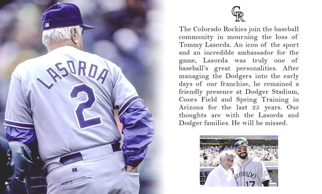 コロラド・ロッキーズのインスタグラム：「The Colorado Rockies mourn the passing of Tommy Lasorda.」