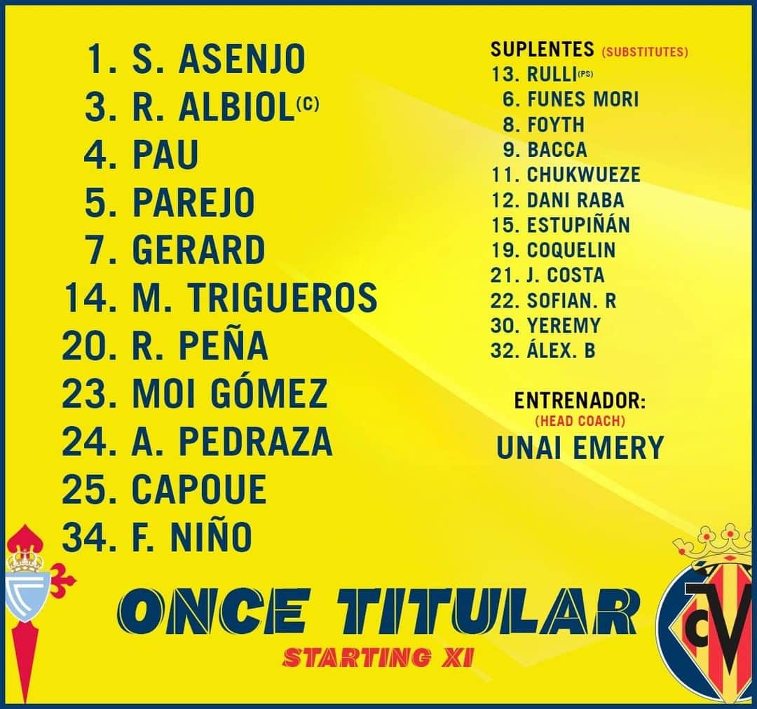 ビジャレアルCFのインスタグラム：「¡El once del Submarino para el @rccelta 🆚 #Villarreal 💪! ¡Esta es la alineación del conjunto groguet en Balaídos 📋! .  The Submarine’s 11 for @rccelta 🆚 #Villarreal 💪! Here is how the Yellows will line up at Balaídos 📋!  #villarreal #futbol #football #soccer #laliga」