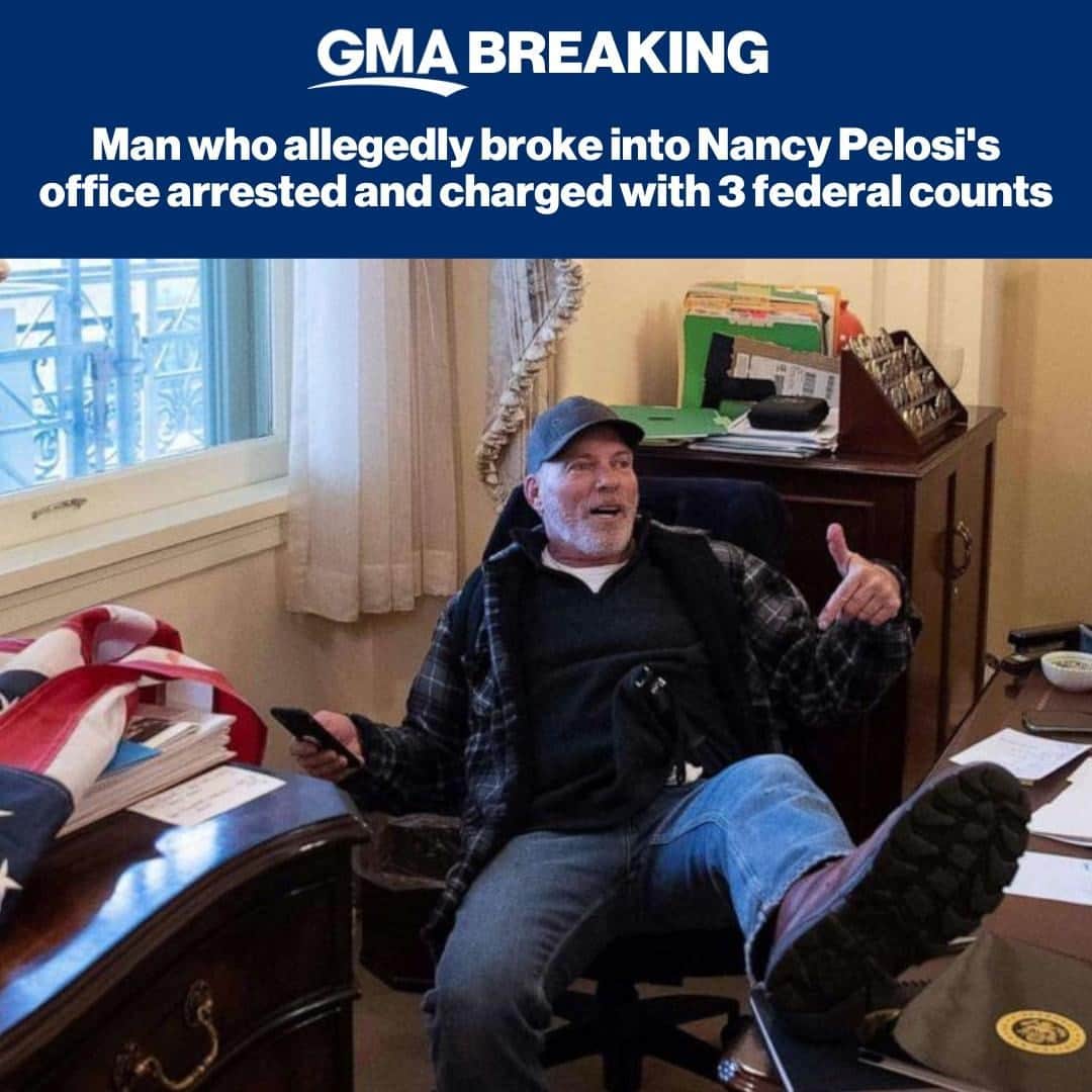 Good Morning Americaさんのインスタグラム写真 - (Good Morning AmericaInstagram)「BREAKING: Richard Barnett, the man who allegedly broke into Speaker Pelosi’s office and posed for pictures and stole mail from her desk has been charged with three federal counts and was arrested this morning in Little Rock, Arkansas. LINK IN BIO.⁠ ⁠ (📷: GETTY)⁠」1月9日 4時11分 - goodmorningamerica