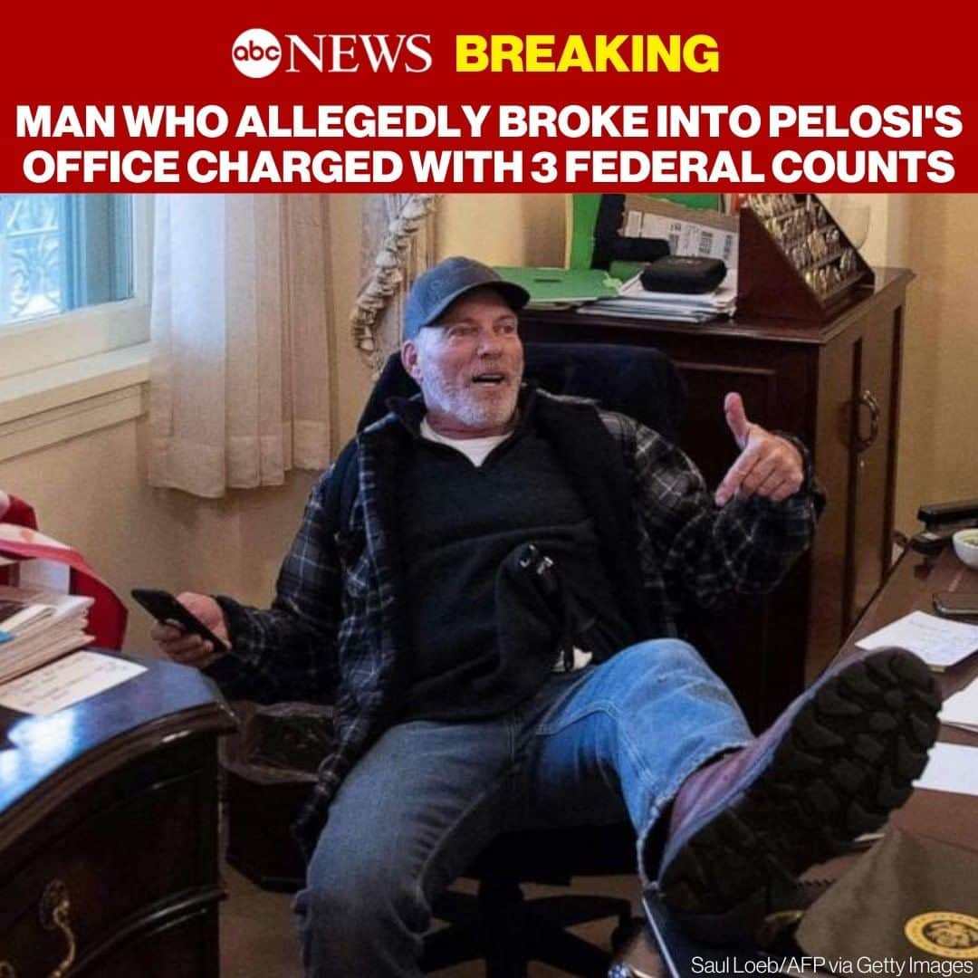 ABC Newsさんのインスタグラム写真 - (ABC NewsInstagram)「BREAKING: Richard Barnett, the man who allegedly broke into House Speaker Nancy Pelosi's office, posed for pictures and stole mail from her desk has been charged with three federal counts and was arrested Friday morning in Little Rock, Arkansas. Tap link in bio for more. #politics #pelosi #capitol #breakingnews」1月9日 4時12分 - abcnews