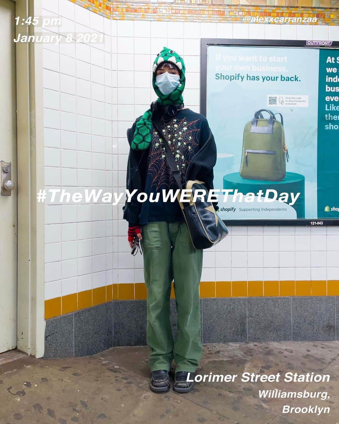 筒井心一のインスタグラム：「@alexxcarranzaa_ in #LorimerStreetStation at 1:45 pm, January 8 2021, #NewYork ﻿ #OutfitOfTheDay = #TheWayYouWEREThatDay  #TWYWTD #ShinichiTsutsui」
