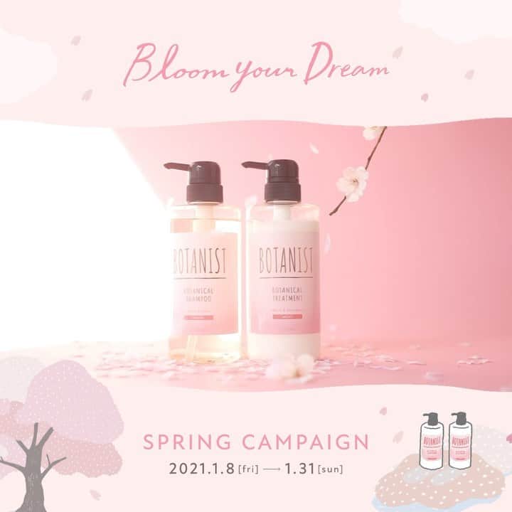 のインスタグラム：「Bloom your Dream【SPRING CAMPAIGN】 春限定「ボタニカルスプリングシリーズ」の発売を記念して、キャンペーン開催🌸 ⠀⠀ 植物を育て、花を飾る。四季折々の花を飾ることで暮らしを豊かにする。​ 私たちは、花を愛でる文化を守って伝えていきたい。​ 外に出かけてお花見するのが難しいかもしれないから、​オンライン上で日本列島に桜の花を咲かせよう♪ ⠀⠀ ご応募いただいた方の中から「さくらのミニ盆栽＆スプリングセット」を抽選50名様にプレゼント🎁 ⠀⠀ ＜開催期間＞ 1/8（金）～1/31（日） ⠀⠀ ＜プレゼント内容＞ 🌸さくらのミニ盆栽 🌸スプリングシャンプー・トリートメント 🌸スプリングヘアパフューム ※ シャンプー・トリートメントはモイスト、スムース、ダメージケアの3タイプからランダムのお渡しとなります ⠀⠀ ＜応募条件＞ ①さくらの写真に #春の夢を咲かせる を付けて投稿 ※写真はカメラロールにある過去に撮影したものでもOK  ②撮影した場所（都道府県）を文章に入れてください ※特設サイトのさくらマップに投稿写真が反映されます  ③日本列島をさくらで埋めよう！ ※みんなの投稿したさくらの写真を見ながら、一足早いお花見を楽しもう！ ⠀⠀ ✔︎ 特設サイトはプロフィール欄URLをご確認ください。 ✔︎ 当選発表はダイレクトメッセージにてご連絡させていただきます。 ⠀⠀ たくさんのご参加お待ちしております♪ ⠀⠀ #春の夢を咲かせる #BloomyourDream  #BOTANIST #ボタニスト #botanisttokyo #ボタニストトウキョウ #botanicalbeauty ⠀⠀ 🗼@botanist_tokyo 🌍@botanist_global 🇨🇳@botanist_chinese」
