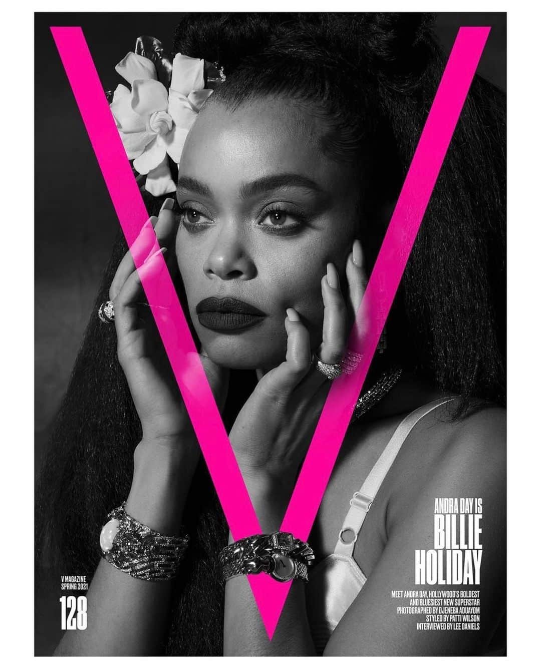のインスタグラム：「Let’s put some GOOD news up on the timeline today.   My new  @vmagazine cover just dropped.   It was an amazing experience collaborating with these ladies. It has been a dream of mine ever since entering the fashion industry to one day work beside the legendary @patti_wilson 😭. I am grateful for this experience. Thank you, team for this magical day. 🙏🏾💓  ✨✨ Andra Day ✨✨  Photography: @djenebaaduayom Fashion: @patti_wilson Interview: @leedaniels Makeup: @porschefabulous  Text: @mathiasrosenzweig Manicure: @thuybnguyen (@aframe_agency) Set Design: #WardRobinson (@woodenladder) Production: @crawfordandcoproductions Special Thanks: @leedanielsentertainment, @feeshlite  Hair by yours truly 🙋🏾‍♀️ #HairByLacyRedway  Who else can not wait to see @andradaymusic as Billie Holiday 🙋🏾‍♀️」