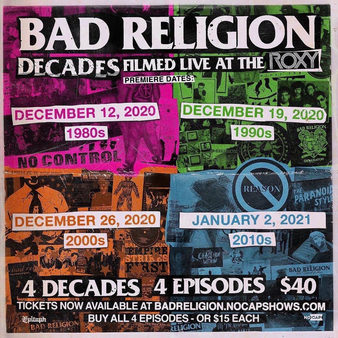 Bad Religionさんのインスタグラム写真 - (Bad ReligionInstagram)「Ya-Hey! 🚨 Last call for tickets! The Decades events will no longer be available for sale after midnight PST today. ⏰Episodes available to view until midnight January 11th. 👀 ticket link in bio #BRDecades」1月8日 22時42分 - badreligionband