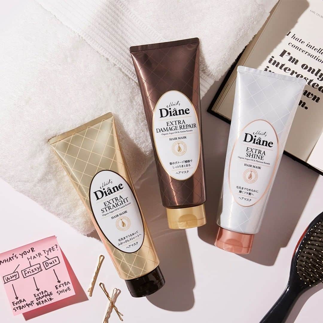 モイストダイアンのインスタグラム：「新年はダイアンのヘアマスクをプラスして、さらに輝くうるツヤヘア✨  ３種類の中から選べるヘアマスクでなりたい自分に✌️  #ダイアン #パーフェクトビューティー #モイストダイアン #moistdiane #ヘアケア」
