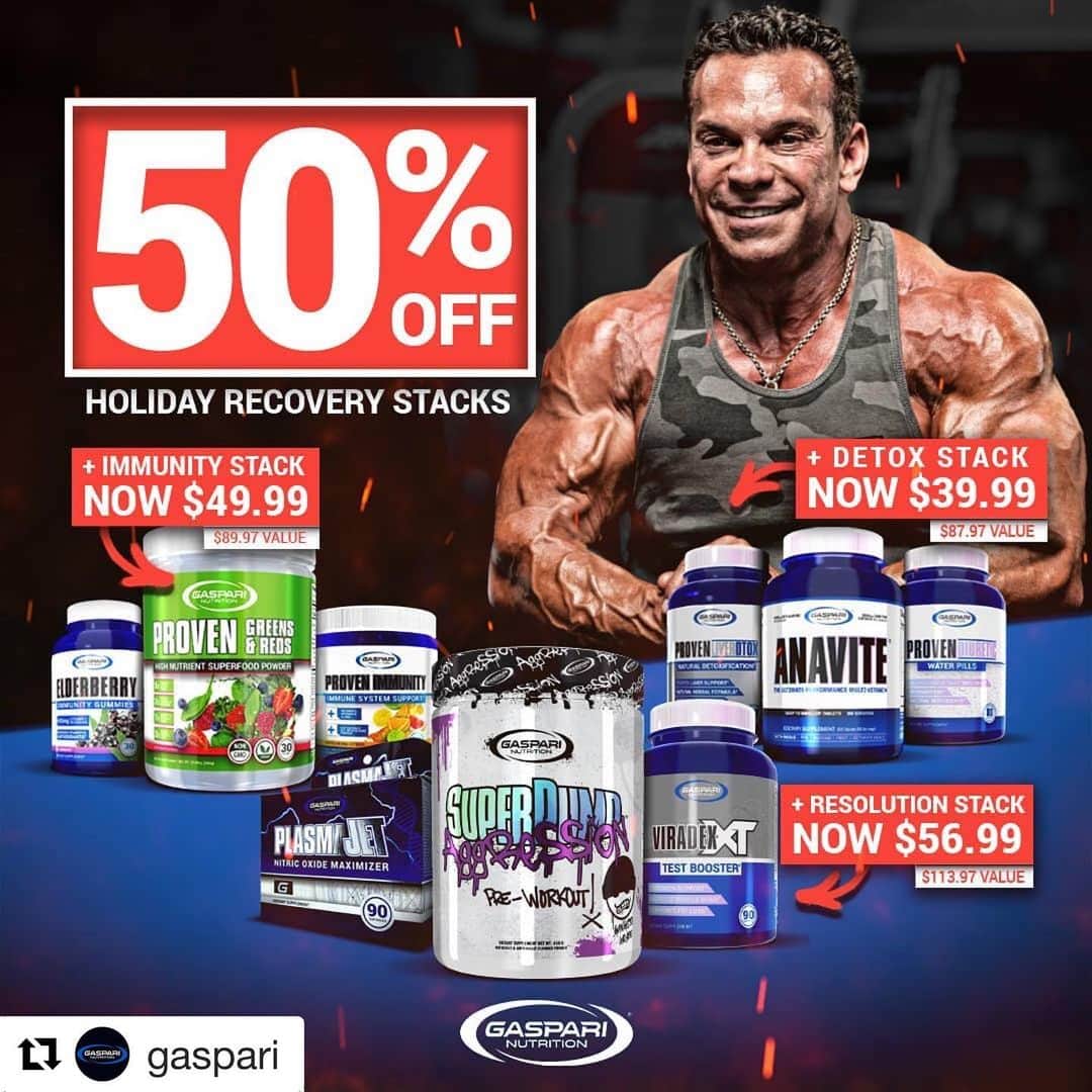 Hidetada Yamagishiさんのインスタグラム写真 - (Hidetada YamagishiInstagram)「#Repost @gaspari with @get_repost ・・・ 🧨 Holiday Recovery Stacks 🍾 Start off the New Year with these massive Holiday Recovery Stack savings! 🔹50% OFF Resolution STACK– Viradex-XT + Aggression + PlasmaJet VALUE $113.97 - SPECIAL STACK PRICE $56.99 🔹OVER 50% OFF Detox STACK – Anavite + Liver DTOX + Diuretic VALUE $87.97 - SPECIAL STACK PRICE $39.99 🔹50% OFF Immunity STACK - Proven Immunity + Proven Greens and Reds + Elderberry VALUE $89.97 - SPECIAL STACK PRICE $44.99  Head to GaspariNutrition.com and stack up while supplies last 💪 #Gaspari #Proven #GaspariNutrition #TeamGaspari #Bodybuilding #Fitness #Workout #Exercice #Healthy #RichGaspari #NewYearsResolution #Detox #Immunity」1月9日 0時55分 - hideyamagishi