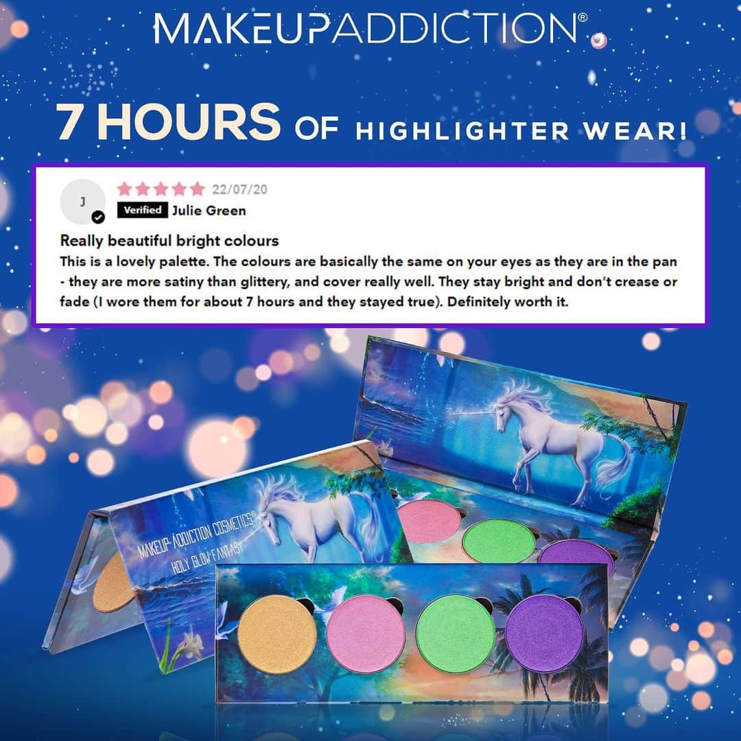 Makeup Addiction Cosmeticsのインスタグラム：「7 hours of highlighter wear! Unheard of!!! 😱😱😱 This goes for ALL Holy glow highlighter palettes! ✨ Each has 4 shades that will work for all skin tones! Have you tried them yet? #makeupaddictioncosmetics #highlighterpalette #pigmented」
