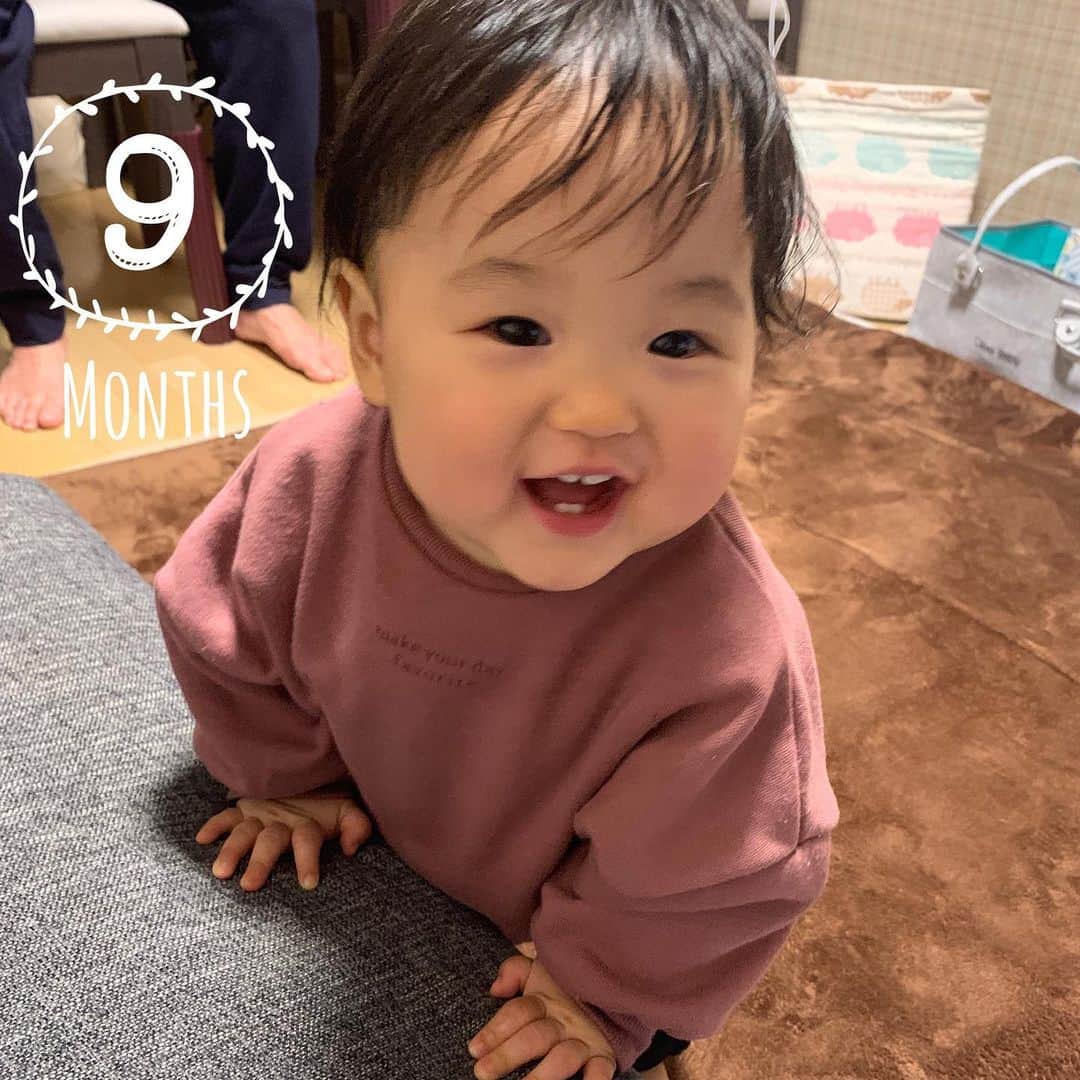Miki Hirookaのインスタグラム：「2021.1.6 生後9ヶ月を迎えました👶♡  ハイハイとつたい歩きが上手になって、悪さしまくりでどんどん目が離されへん🤦‍♀️笑 最近は両手離して立ってダイナミックにコケてる笑　こっわー  名前を呼んだらハーイ🙋‍♀️ってするようになったり、パチパチ〜(おもろいおもろ〜い)👏もできるようになったり、んまっまっまっとか、ぱっぱっぱっとか、 ばーばーばーとか、オィッ、とか、喋ってるつもりなのかずっとうにゃうにゃ言うてたり、 なんかこの1ヶ月はすんごい成長感じたな〜  あ〜、でも赤ちゃんじゃなくなっていくのが…嬉しいけど寂しい複雑😭笑  これからも元気にスクスク育ってちょうだい😉  #生後9ヶ月 #どんどん怪獣 #悪さしまくり #それでも元気なら良し #こんな世の中でもスクスク成長中 #アイシテルがトマラナイ」