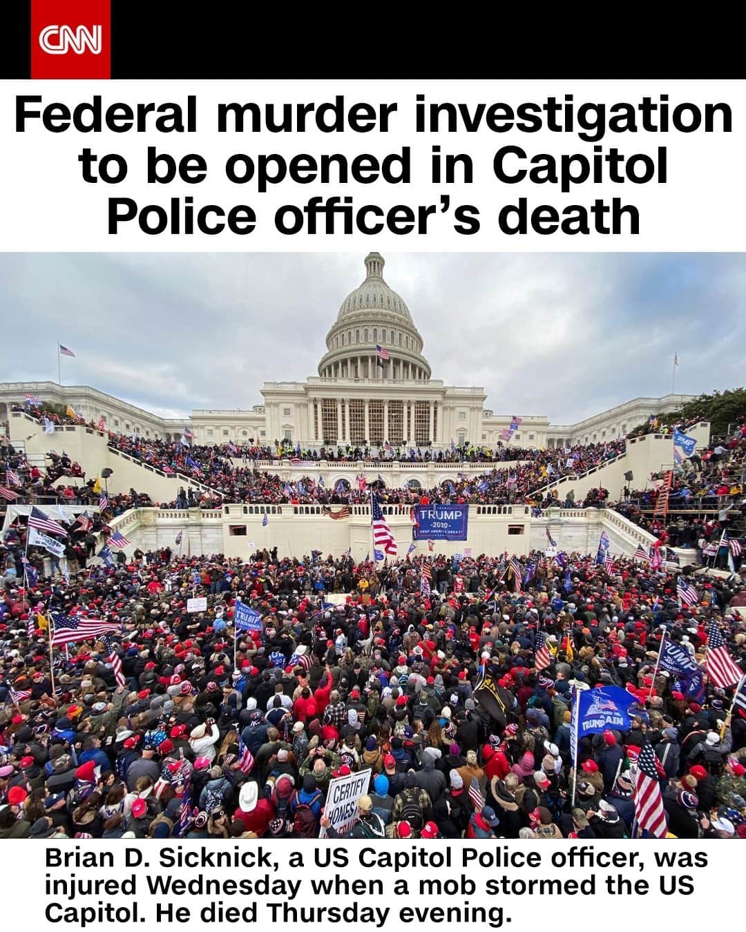 CNNさんのインスタグラム写真 - (CNNInstagram)「Prosecutors in the US Attorney's office plan to open a federal murder investigation into the death of Brian D. Sicknick, a US Capitol Police officer, a law enforcement official tells CNN. Sicknick was injured when pro-Trump rioters stormed the US Capitol, and died Thursday evening "due to injuries sustained while on-duty," said Capitol Police officials.⁠ ⁠ Sicknick is the fifth person to die as a result of Wednesday's insurrection. One woman was shot and killed by Capitol Police as the crowd breached the building and three others suffered medical emergencies that proved fatal.⁠ (Tayfun Coskun/Anadolu Agency/Getty Images)」1月9日 2時02分 - cnn