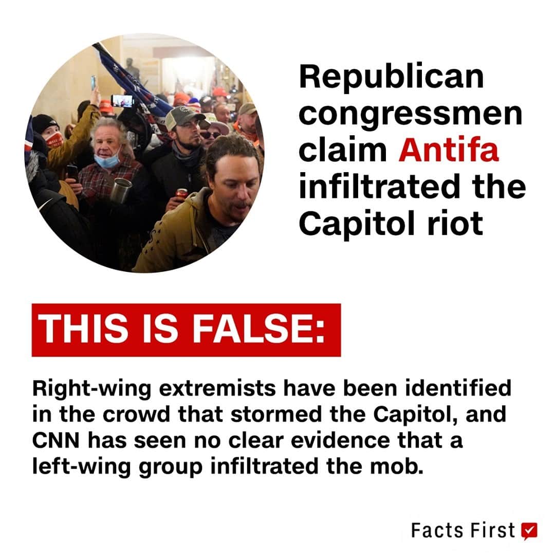CNNさんのインスタグラム写真 - (CNNInstagram)「After pro-Trump supporters stormed the Capitol, several Republican allies of the President are attempting to shift blame to supposed left-wing activists, namely Antifa. Reps. Mo Brooks, Paul Gosar and Matt Gaetz falsely claimed Antifa snuck into the rally to provoke the mob. CNN has seen no clear evidence of a left-wing infiltration of the mob that stormed the Capitol.」1月9日 3時02分 - cnn