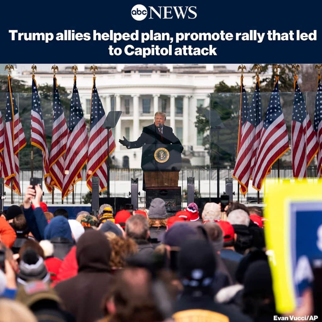 ABC Newsさんのインスタグラム写真 - (ABC NewsInstagram)「Pres. Trump’s allies worked behind the scenes with pro-Trump groups to plan and promote events in Washington, D.C., that ultimately led to the attack on Congress, sources say. READ MORE AT LINK IN BIO.」1月9日 13時01分 - abcnews