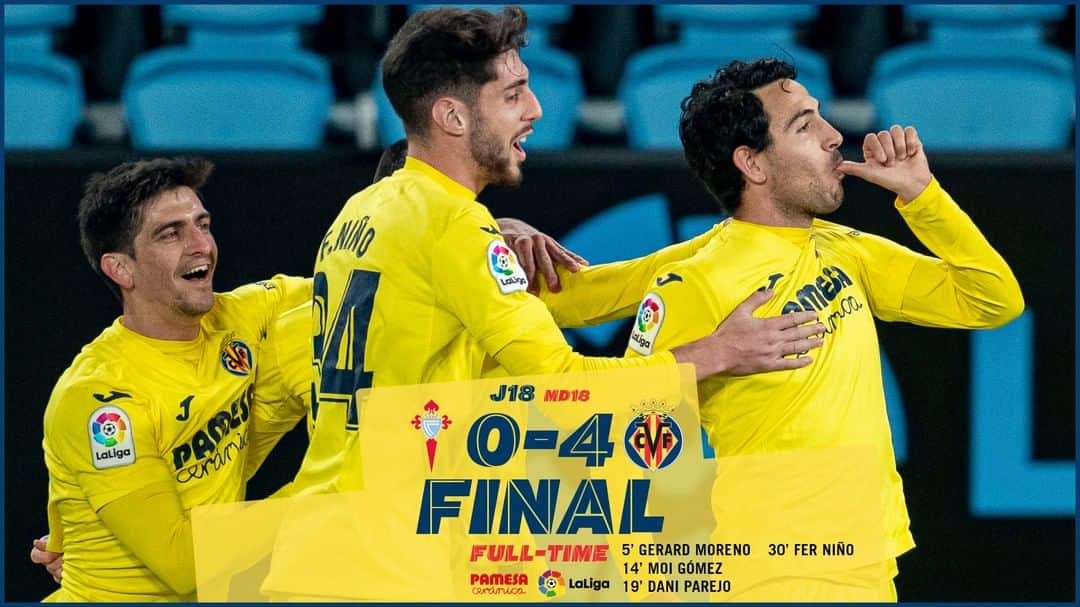 ビジャレアルCFのインスタグラム：「¡FINAL Y ➕3️⃣ PARA EL SUBMARINO (0-4)!   ¡El Villarreal resuelve tras una impresionante primera parte en Balaídos y se va hasta los 32 puntos con los goles de @gerard_moreno, @dani_parejo10, Moi Gómez y @ferni_9!   ¡Gran partido de los de @unaiemery_ 💪! . FULL-TIME ➕3️⃣ FOR THE SUBMARINE (0-4)! . Villarreal win after an impressive first half in Balaídos, and have 32 points now. Thanks to goals from @gerard_moreno, Moi Gómez, @dani_parejo10 and @ferni_9! . A great match from @unaiemery_’s men 💪! .  #villarreal #futbol #football #soccer」