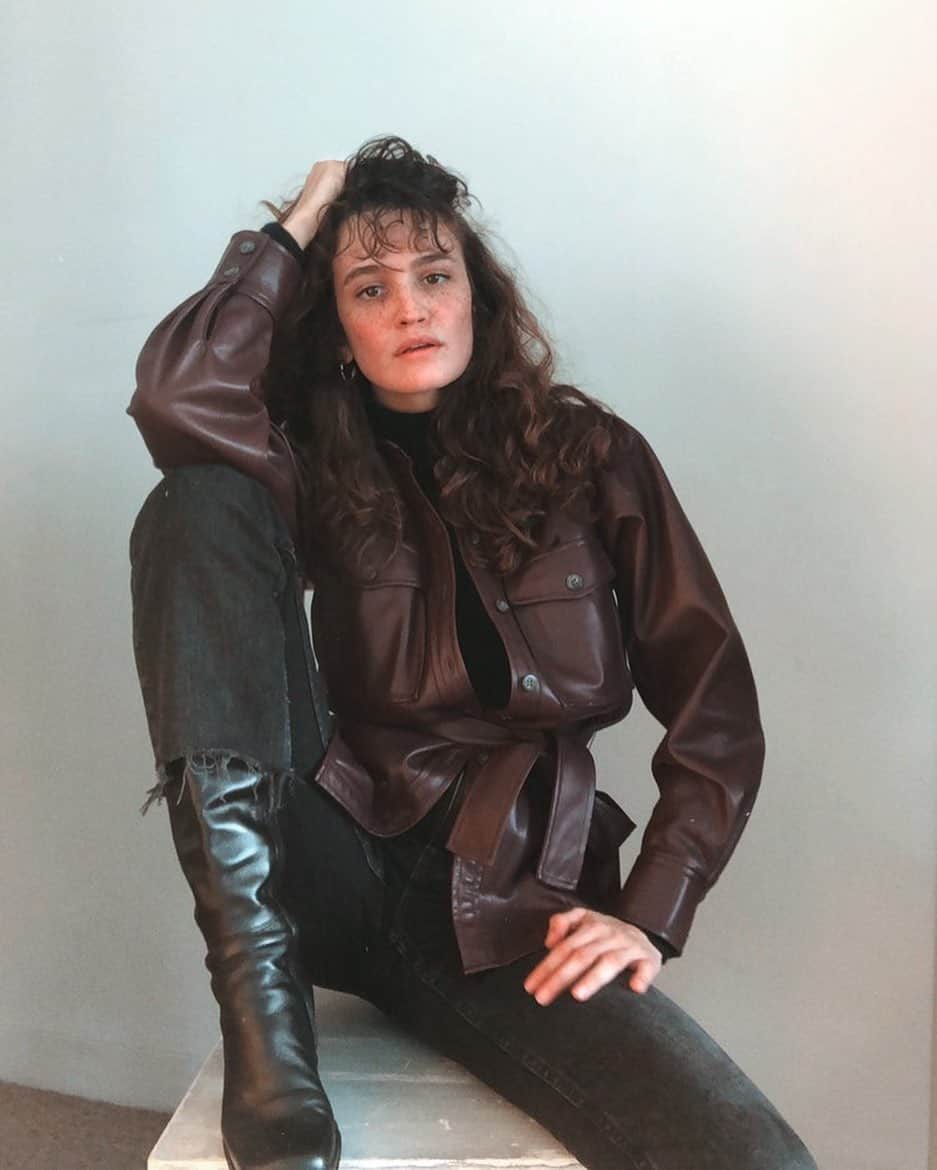 レベッカテイラーのインスタグラム：「Flora wears the Vegan Leather Belted Jacket.」