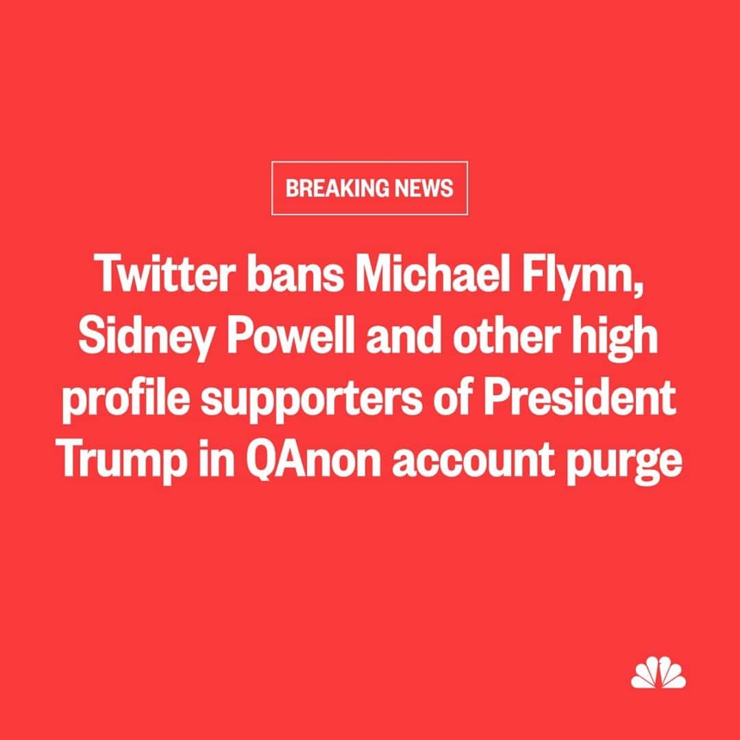 NBC Newsさんのインスタグラム写真 - (NBC NewsInstagram)「BREAKING: Twitter removes the accounts of Michael Flynn, Sidney Powell and other high-profile supporters of President Trump that promoted the QAnon conspiracy theory. More at the link in our bio.」1月9日 7時20分 - nbcnews