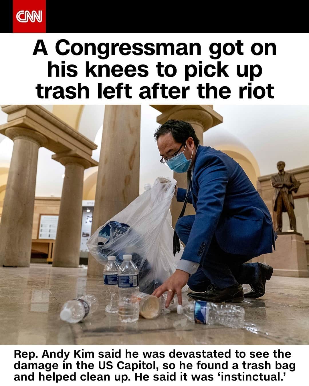 CNNさんのインスタグラム写真 - (CNNInstagram)「Rep. Andy Kim says he was devastated to see the smashed furniture, broken American flags, cigarette butts and other debris left behind by the pro-Trump mob that ran wild in the US Capitol. So he found a trash bag, got down on his knees and helped clean up. "A moment like that really reminds me that this building is bigger than all of us, a democracy is bigger than all of us and it deserves and demands our respect," Kim said.⁠ ⁠ (📸: Andrew Harnik/AP)」1月9日 8時01分 - cnn