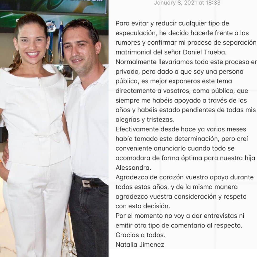 Despierta Americaさんのインスタグラム写真 - (Despierta AmericaInstagram)「@nataliajimenezoficial  anuncia el fin de su matrimonio con Daniel Trueba. #Repost Para evitar y reducir cualquier tipo de especulación, he decidido hacerle frente a los rumores y confirmar mi proceso de separación matrimonial del señor Daniel Trueba.  Normalmente llevaríamos todo este proceso en privado, pero dado a que soy una persona pública, es mejor exponeros este tema directamente a vosotros, como público, que siempre me habéis apoyado a través de los años y habéis estado pendientes de todas mis alegrías y tristezas.  Efectivamente desde hace ya varios meses había tomado esta determinación, pero creí conveniente anunciarlo cuando todo se acomodara de forma óptima para nuestra hija Alessandra.   Agradezco de corazón vuestro apoyo durante todos estos años, y de la misma manera agradezco vuestra consideración y respeto con esta decisión.  Por el momento no voy a dar entrevistas ni emitir otro tipo de comentario al respecto.  Gracias a todos, Natalia Jimenez」1月9日 8時47分 - despiertamerica