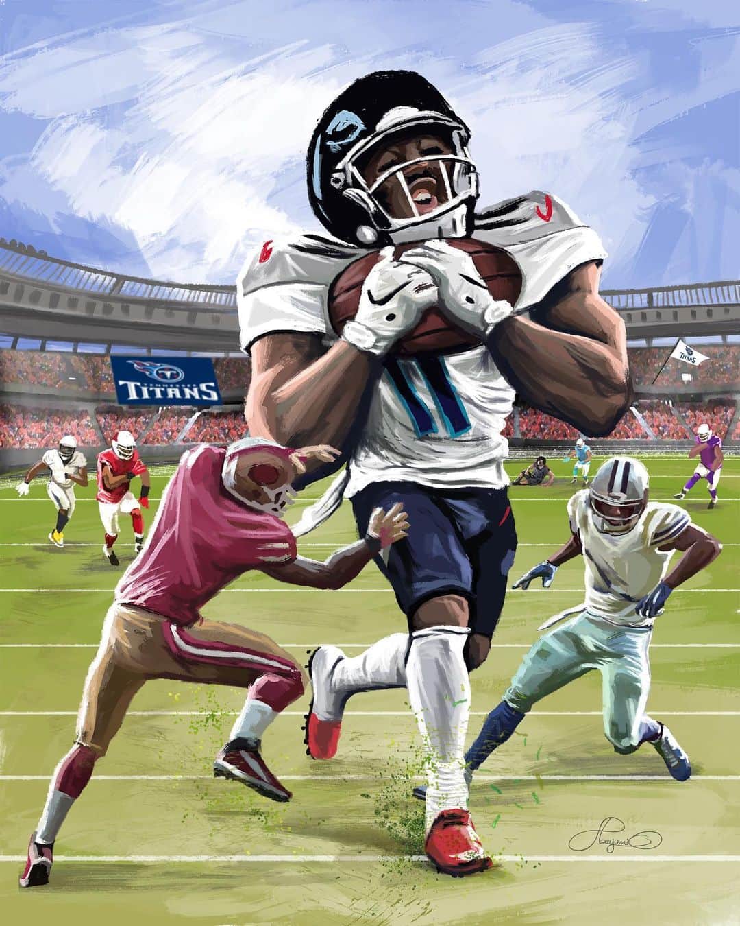 NFLさんのインスタグラム写真 - (NFLInstagram)「“This is an artwork depicting AJ Brown as a giant in the midst of opponents. Having gone through the video clips of AJ Brown’s matches so far, his fast and unstoppable abilities are constant from match to match. That’s why he is being beastly represented in the illustration and his opponents smaller. Making his opponent smaller in height is not done with a mindset of humiliating their strength but to project AJ’s uncompromising strength to maneuver his way out in every game. The painting style, especially the brushstrokes speak more of how rugged American football is. It is a game for the fittest and it is always rough. However, the artwork showcases the undefeated strength of AJ Brown himself.” #NFLArtistReplay (🎨 via @art_ofyomi)」1月9日 9時04分 - nfl