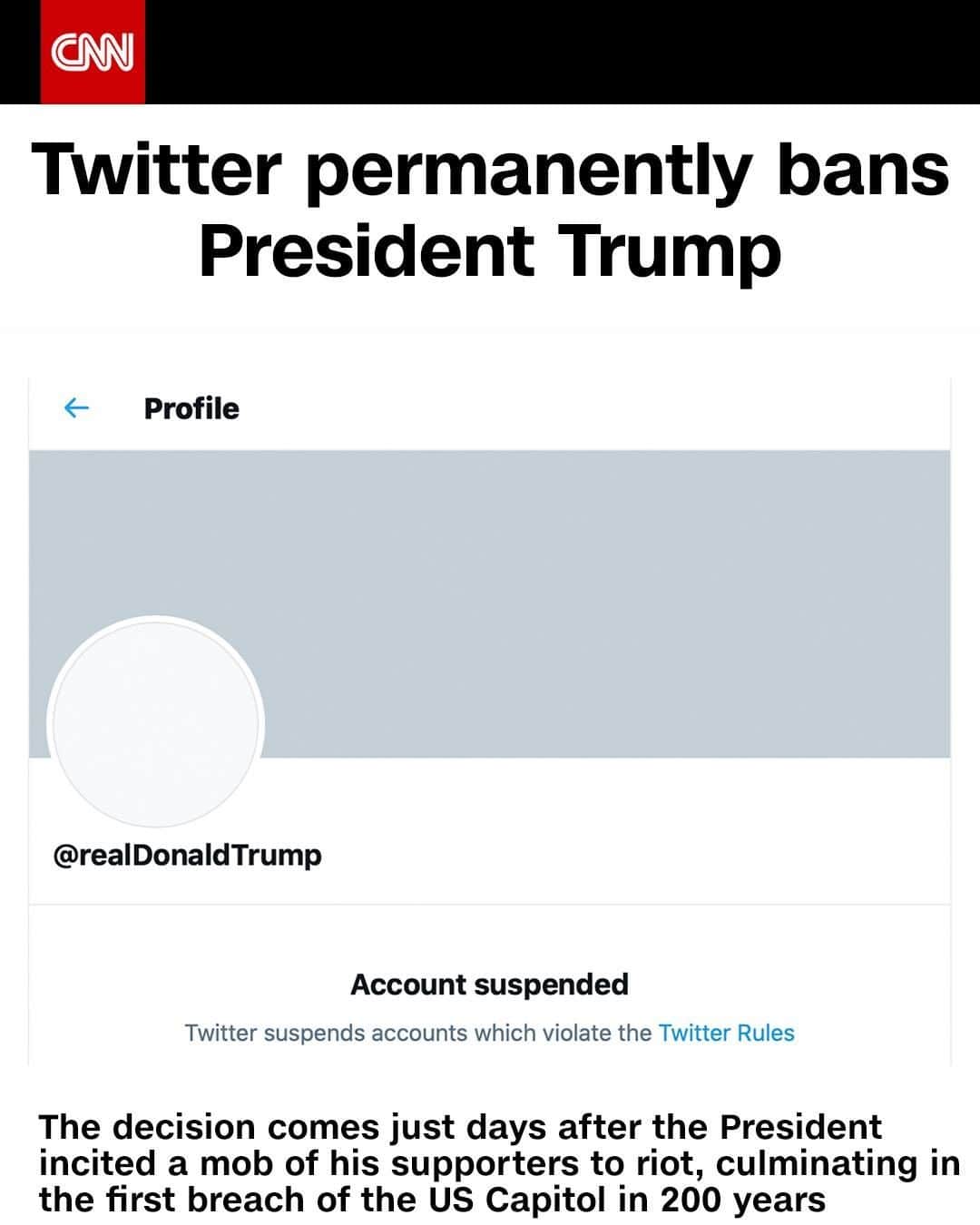 CNNさんのインスタグラム写真 - (CNNInstagram)「Twitter has permanently banned President Trump’s account because of “the risk of further incitement of violence,” the company said. “In the context of horrific events this week, we made it clear on Wednesday that additional violations of the Twitter Rules would potentially result in this very course of action,” Twitter added. Click the link in our bio for more.」1月9日 8時58分 - cnn