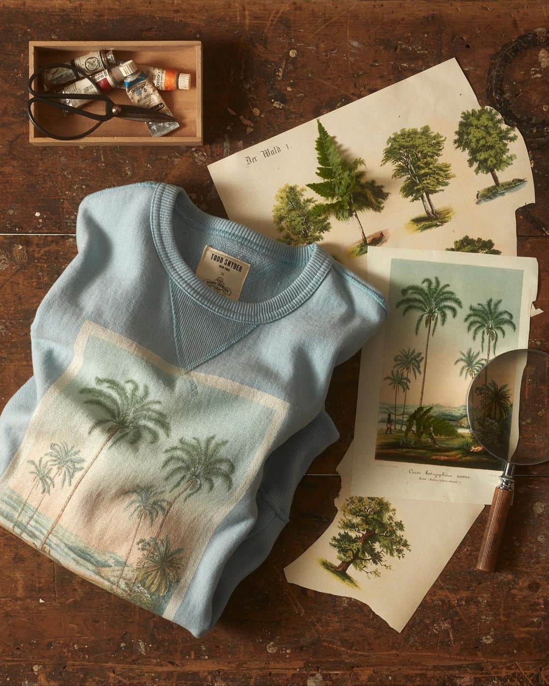 のインスタグラム：「Part of our collaboration with the acclaimed decoupage artist @johnderiancompany , this is based on a vintage exploration print titled “Bresil” from John Derian’s extensive archive. The tropical scene appears on the front chest 💙 Now available online & in store ⏫ Tap link in bio to learn more & shop ⏫ . . . Photographer - Donna Viering / @Donnamaev Set Director - Tracy Morgan / @Tracymorganartist  Soft goods stylist - Desiree Guery / @desireeguery #toddsnyder #justdropped #tsxjohnderian」