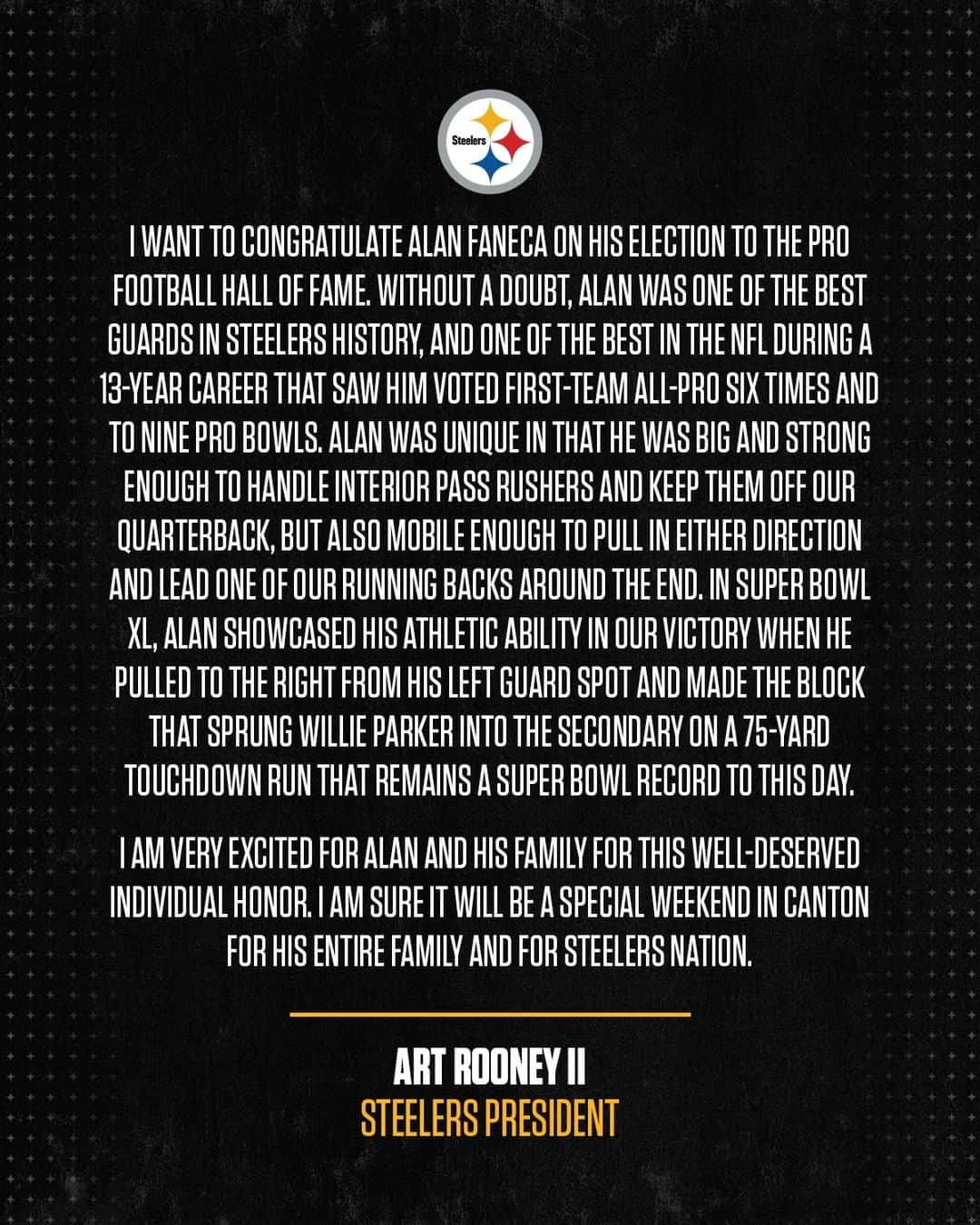 ピッツバーグ・スティーラーズさんのインスタグラム写真 - (ピッツバーグ・スティーラーズInstagram)「Statement from #Steelers President Art Rooney II on @afan66's election to the @profootballhof」2月7日 12時17分 - steelers