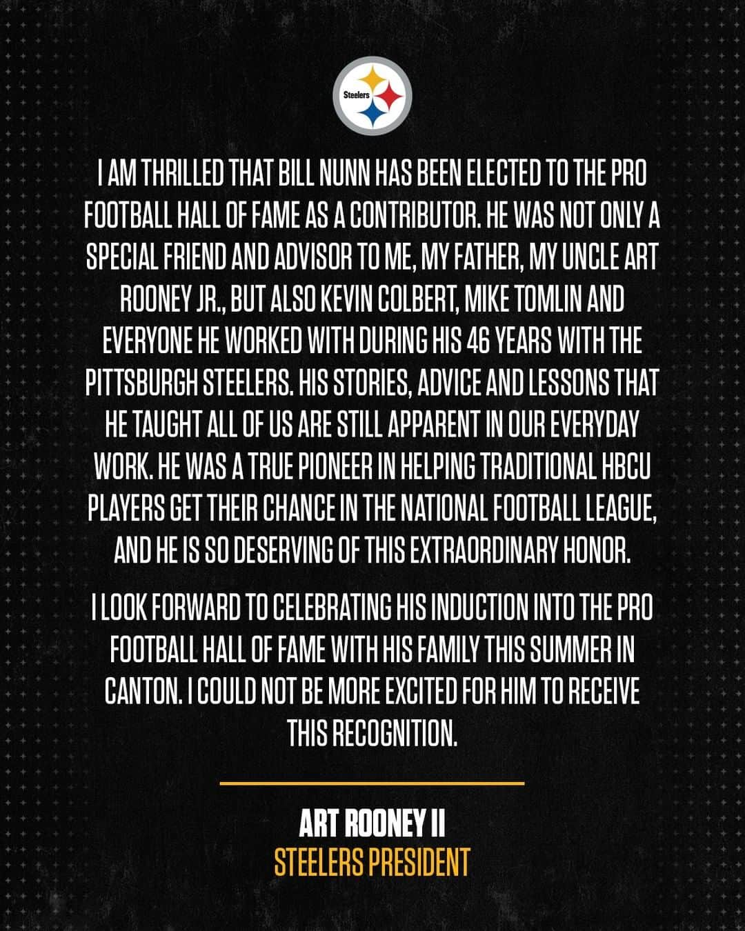 ピッツバーグ・スティーラーズさんのインスタグラム写真 - (ピッツバーグ・スティーラーズInstagram)「Statement from #Steelers President Art Rooney II on Bill Nunn's election to the @profootballhof」2月7日 12時30分 - steelers