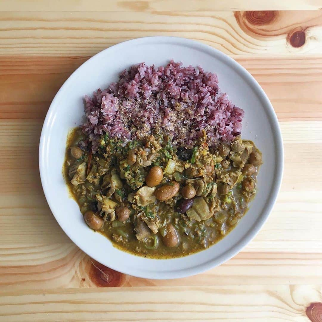 宮本菜津子のインスタグラム：「今日のひるご飯。昨日のカレーをリメイクしてみたら美味しかったので投稿します。作り置きしてた砂肝の塩焼きと青ネギ、花椒を足してみたよ〜。ご飯にすりゴマかけたのもなかなかによかったです！以上です👳🏿‍♂️🍛 - #massofthefermentingdregs  #motfd #masudore #curry #lunch  #lunchtime  #マスドレ #カレー #ひるごはん  #昼ごはん  #おひるごはん  #お昼ごはん  #お昼ご飯」