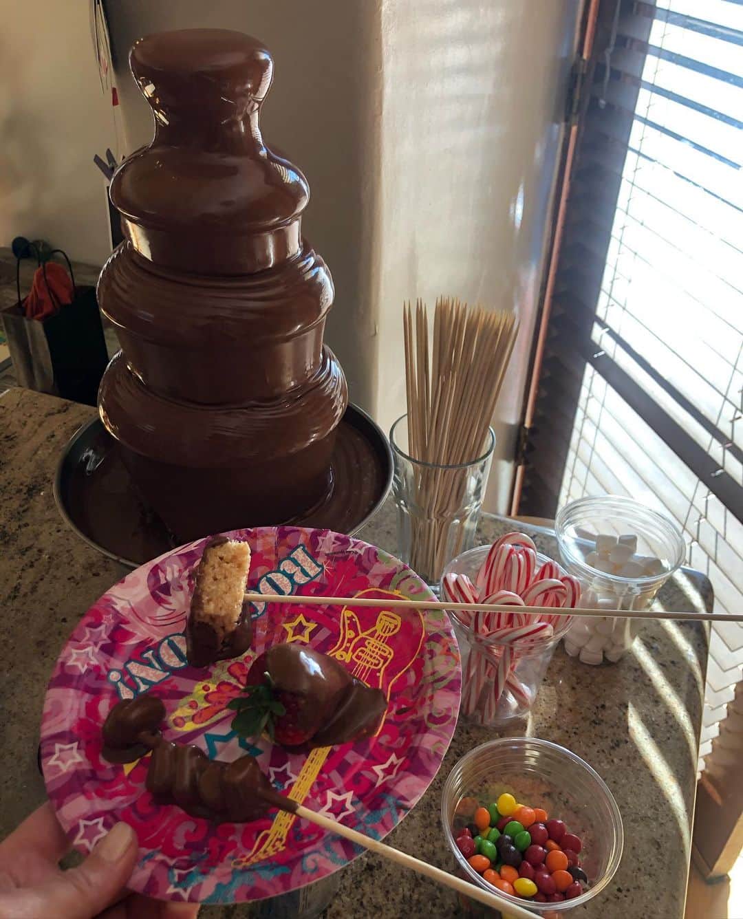 コンスタンス・マリーさんのインスタグラム写真 - (コンスタンス・マリーInstagram)「Any day with a chocolate fountain is a GOOD DAY!!! ✨🥳🍫 ✨ One of the benefits of being a mom, is that on your kids birthday,  is you get to eat ALOT of #Treats  #Sugar #Yum #Sweets #Chocolate #HappyBirthday #Daughter #candy #Skittles are #Vegan #marshmallow #Candycanes #JellyBeans #ricecrispytreats  #Saturday」2月7日 15時10分 - goconstance