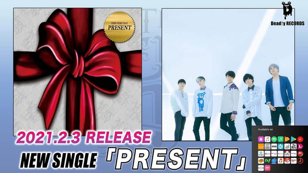 THIS VERY DAYのインスタグラム：「🎉💿NEWリリース💿🎉  2021年初となる NEW SINGLE 「PRESENT」が本日リリース‼️  僕らの新しい一面を詰め込みました✨ 是非歌詞にも注目して聴いてください👀 僕たちからの「プレゼント」です🎁  数量限定盤🔻 thisveryday.theshop.jp/items/38189214  各種配信ストアはこちらから🔻 linkco.re/e2bcGXYY ・ ・ ・ ・ ・ #THISVERYDAY #ディスベリ #邦ロック #邦ロック女子 #邦ロック好きと繋がりたい #邦ロック好き #邦楽ロック #邦楽ロック好きな人と繋がりたい #インディーズバンド  #mv撮影 #バンド #バンド好きな人と繋がりたい  #ロックバンド #ライブ #ライブ参戦 #ライブコーデ #ライブ動画 #ライブキッズ #japaneserock #jrock  #いいね返し #フォロー返します #フォロバ #いいねした人全員フォローする #いいねした人で気になった人フォロー #いいね返しは絶対 #バンドマン #レコ発 #サブスクリプション #サブスク」