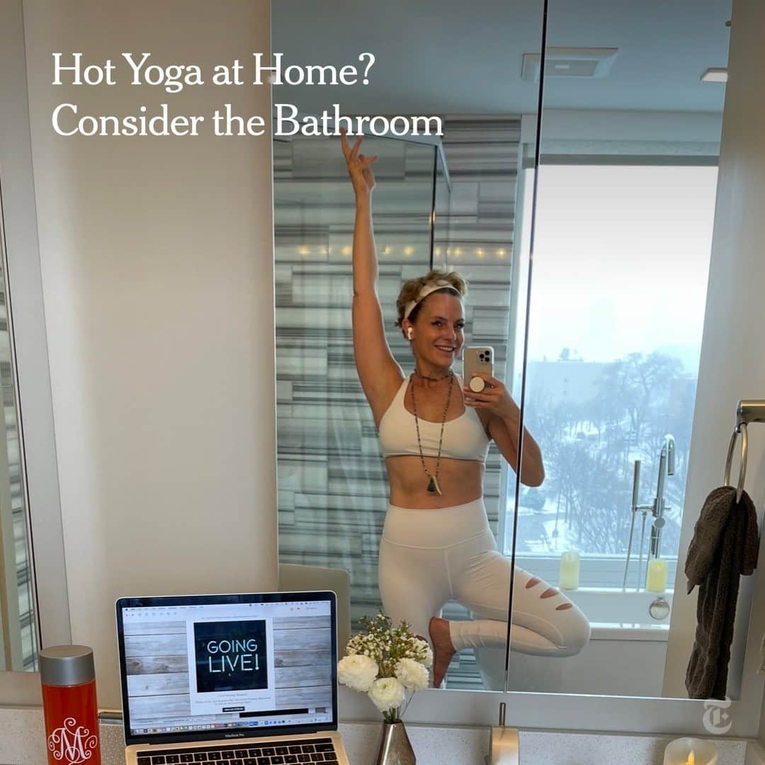 New York Times Fashionのインスタグラム：「Turn on the shower. Put a towel under the door. Don’t hit your head on the toilet. Boom, it’s hot yoga at home. It’s not the worst thing to happen in the pandemic. ¯\_(ツ)_/¯ Sweaty link in bio!」