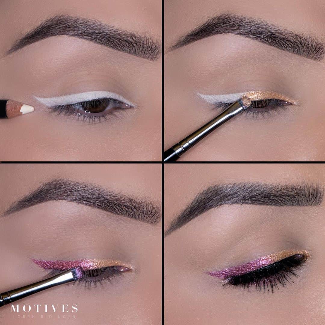 Motives Cosmeticsのインスタグラム：「Colorful liner using shadows is so popular right now! Get this stunning look using @Thalia X Motives BESOS Palette💋 Tutorial below 👇  ✨Begin by lining the lash line with “Angel” eye khol eyeliner (this will give the shadows placed over top something to stick to for longer wear) ✨ Using “Wink 3” and a detail makeup brush pat over top the first half of the liner  ✨ Taking “Wink 4” apply to the outer half of the liner guide ✨Apply mascara and lashes if desired!  Tap the image to shop #Thalia X Motives BESOS now!」