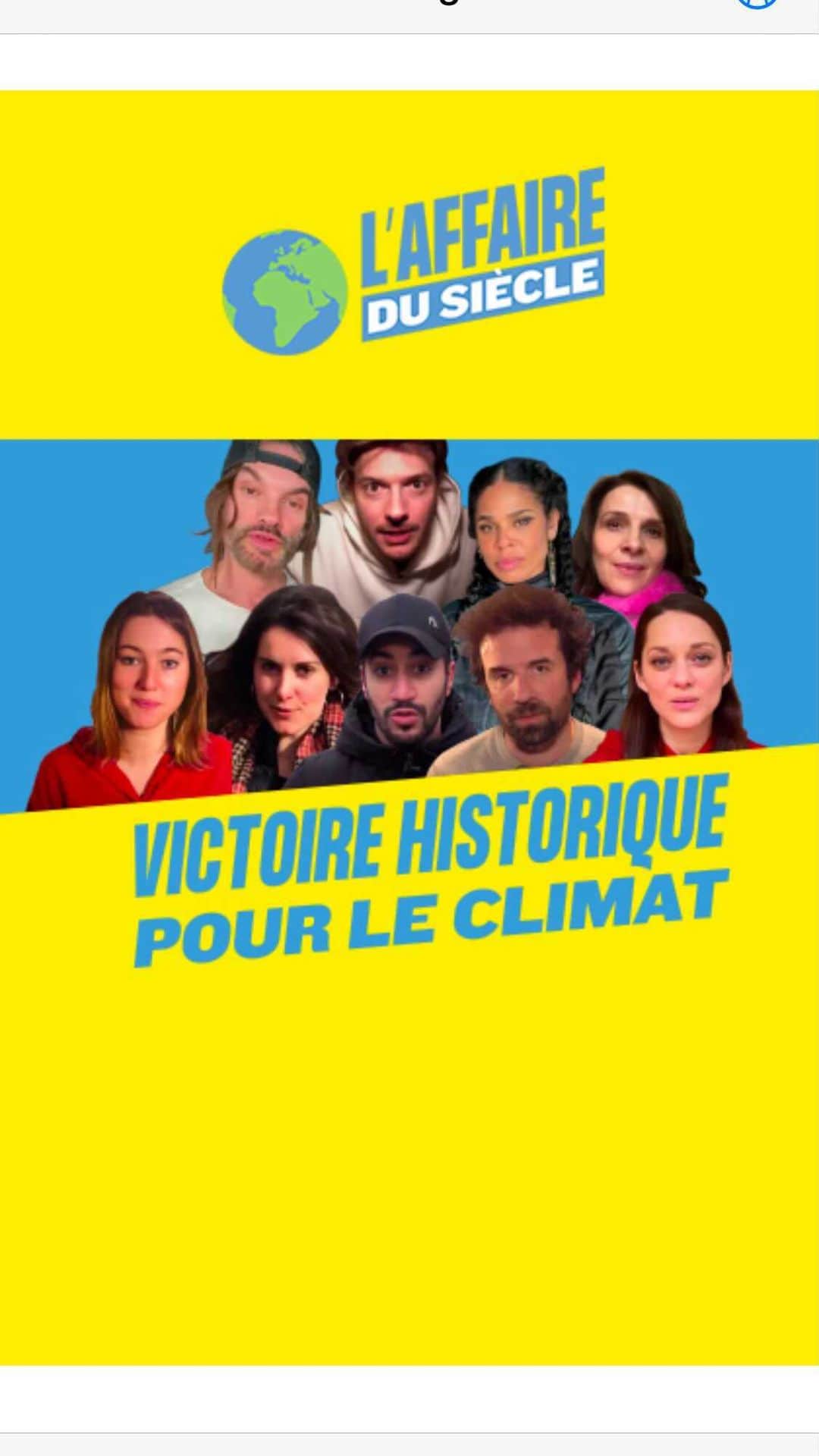 マリオン・コティヤールのインスタグラム：「Je préférerais que l’on n’ait pas à se battre pour que nos dirigeants respectent leurs engagements, j’aurais préféré que l’on n’ait pas à attaquer l’état.  Mais ils ne nous laissent pas le choix.  Ils ont les clés, ils ont les solutions. Ils se doivent maintenant d’agir à hauteur des enjeux.   FD Roosevelt aux syndicalistes qui venaient lui demander de faire avancer la cause sociale : « Maintenant, allez dans la rue et obligez moi à le faire ». Cette année là il eut plus de 4000 grèves et des avancées sociales comme jamais.  Monsieur le président @emmanuelmacron , on est dans la rue... depuis longtemps...   #repost @cyril_dion ・・・ C’est HISTORIQUE : l’inaction climatique de l’Etat est jugée ILLÉGALE !  C’est une victoire pour l’Affaire du Siècle et pour le climat. 👏  Restons mobilisé·e·s pour aller plus loin et obtenir de nouvelles victoires. Ensemble nous pouvons faire agir l’Etat concrètement, efficacement, pour le climat !」