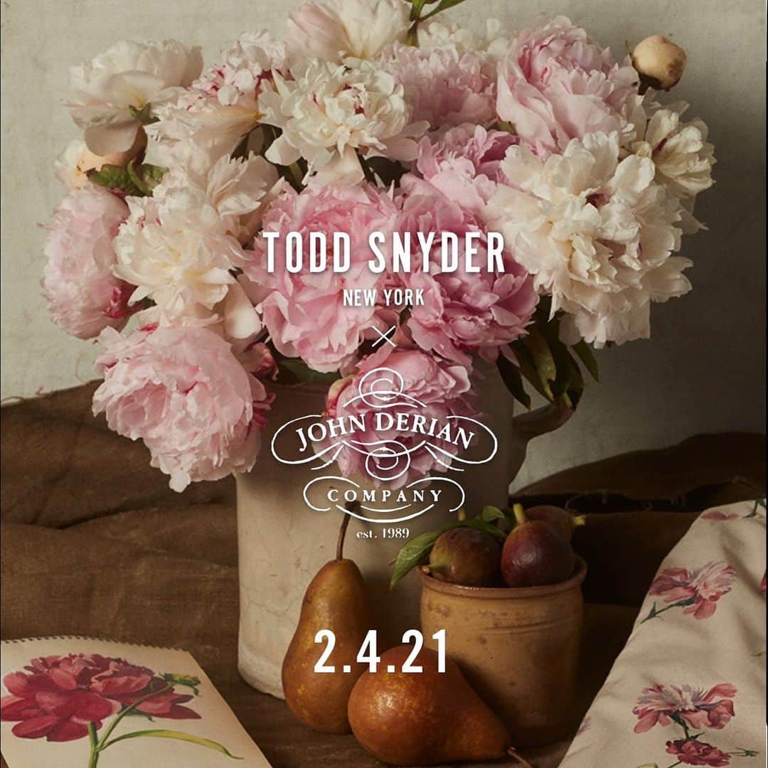 のインスタグラム：「Coming Soon 🗓 2.4.21 💐 @johnderiancompany ⬆️ Tap the link in Bio to sign-up for early access ⬆️ #TSxJohnDerian #ToddSnyder #comingsoon」