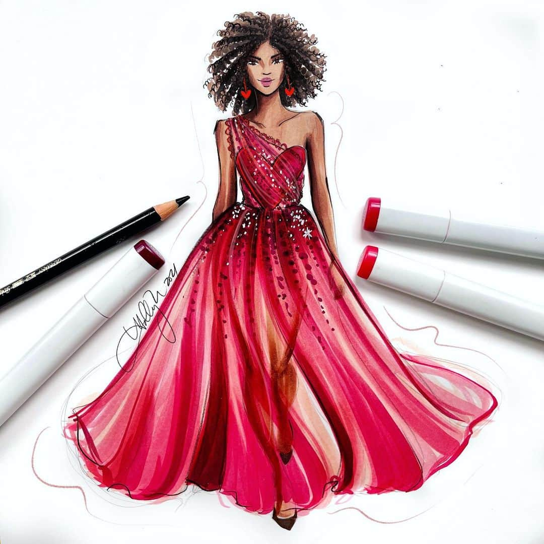 Holly Nicholsさんのインスタグラム写真 - (Holly NicholsInstagram)「Runway romance ♥️ watch the tutorial on my stories or IG story highlights! Sketched with Copic Markers #fashionillustration #copicmarkers #copic #illustration #couture #reddress #valentines」2月3日 22時53分 - hnicholsillustration