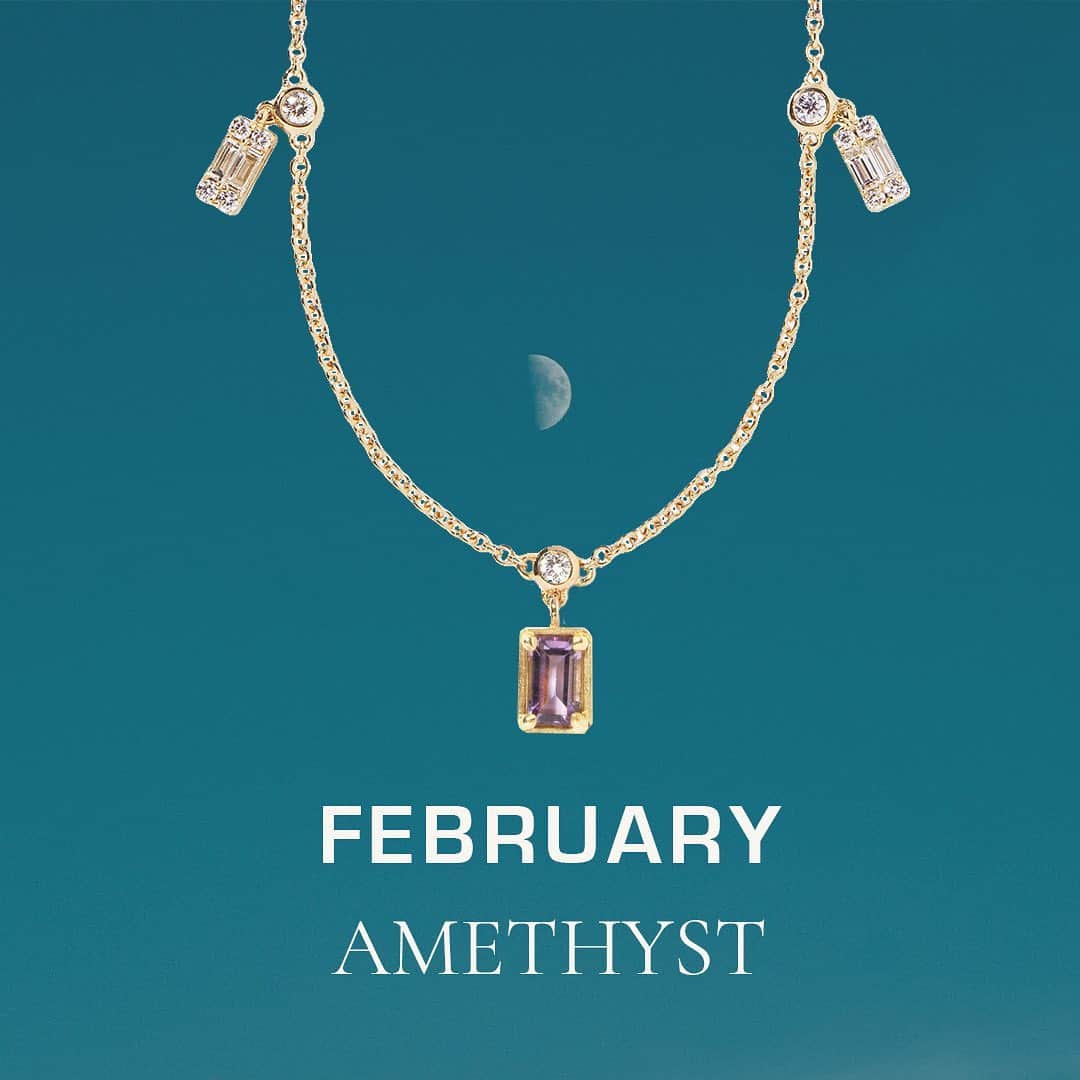 稲木ジョージのインスタグラム：「FEBRUARY: Amethyst🔮  Amethyst is a stone of spiritual protection and purification; cleansing one's energy field of negative influences and attachments💞 Birthstone necklace available at @milamorejewelry ✨ 二月の誕生石は、アメジスト。紫の色からスピリチュアル力が高いらしいですよ👁直感力をブーストする魔除けのお守り✨「愛の守護石」とも呼ばれているそうです🥰」
