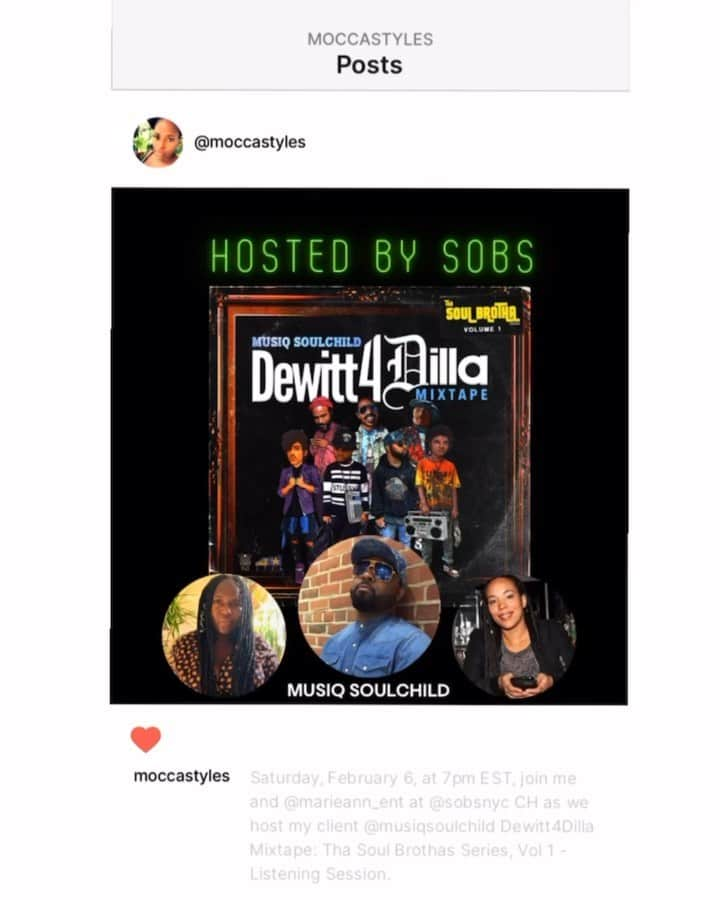 ミュージック・ソウルチャイルドのインスタグラム：「MEET ME THERE! 🎤🎧  Saturday, February 6, at 7pm EST  @MusiqSoulchild presents The @Dewitt4Dilla Mixtape: Tha Soul Brothas Series - Listening Session and Q&A.   Special Guest: “MaDukes” Dilla’s Mother @james_dewitt_yancey_foundation   Hosted by @SOBsNYC on Club🏡, my publicist @moccastyles and @marieann_ent   The Dewitt4Dilla Mixtape is a collection of Classic Soul Music Covers performed over #JDILLA Beats.   Scroll to read a few listeners comments.   #HipHopSoul #JDilla」