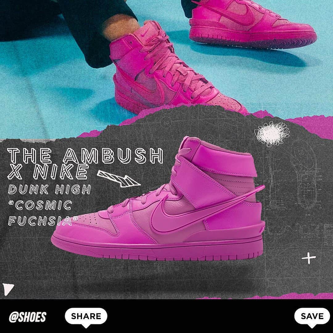 shoes ????のインスタグラム：「The @ambush_official x Nike Dunk High “Cosmic Fuschia” is dropping tomorrow. 🔥 Thoughts on these? 👇   #sneakers #sneakernews #nicekicks #kicksonfire #highsnobiety #complexsneakers #brkicks #hypebeast #yeezy #supreme #goat #kickstagram #sneakerporn」